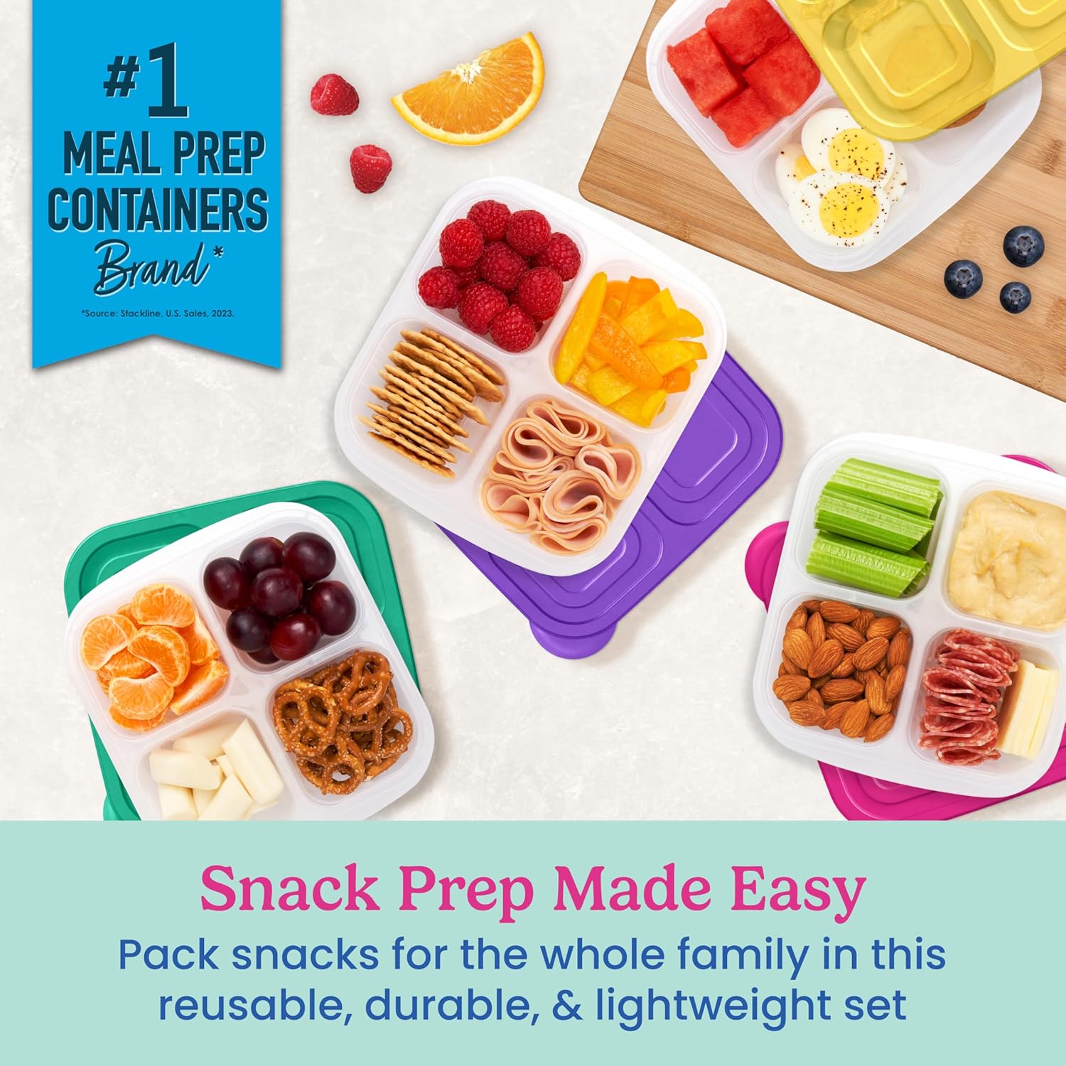 Bentgo Easyboxes 4-Compartment Snack Containers - 8-Piece Set with 4 Trays & 4 Custom-Fit Lids to Seal in Freshness - Reusable Food Storage & Meal Prep Bento BPA-Free Containers (Brights) Brights 4-Compartment Snack Containers