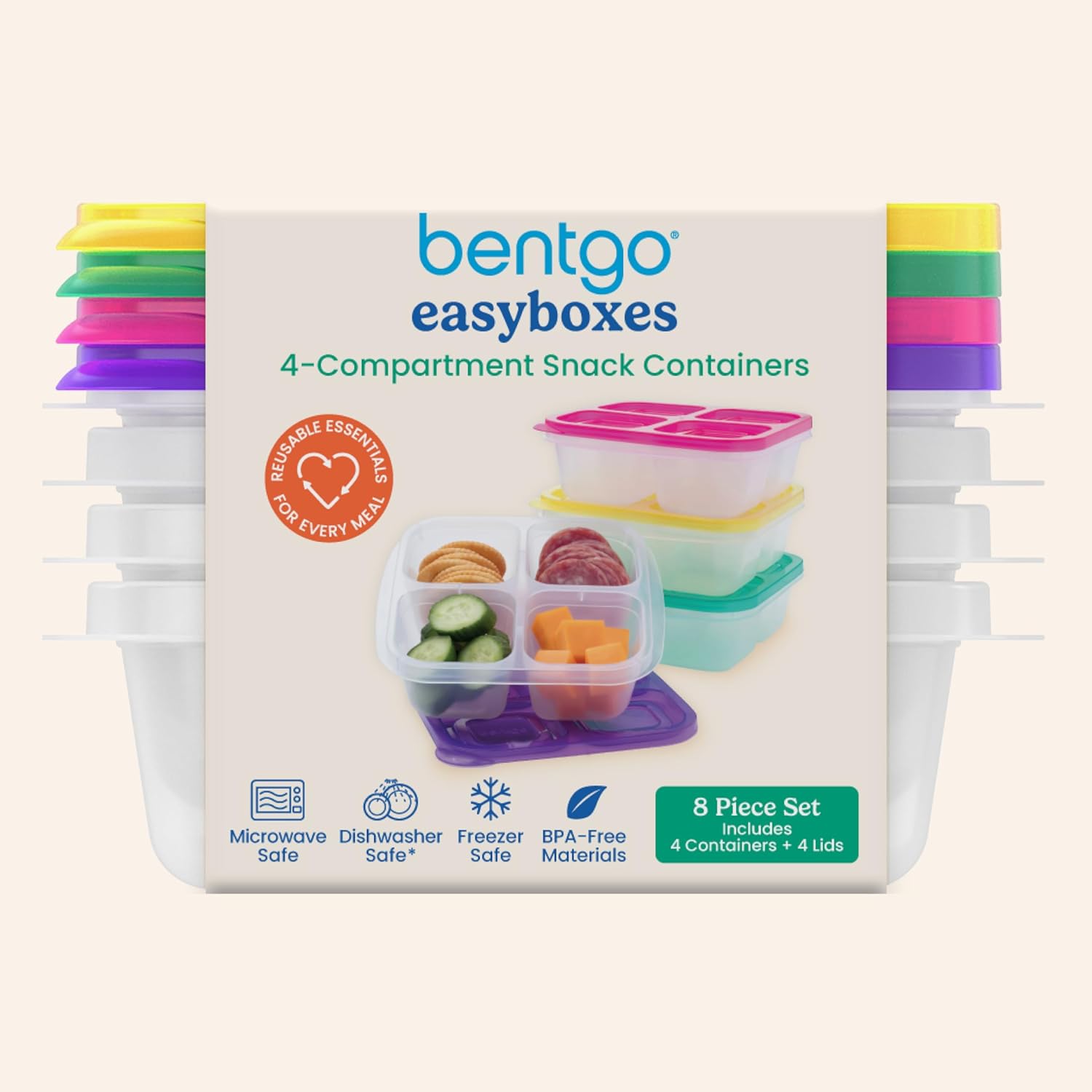 Bentgo Easyboxes 4-Compartment Snack Containers - 8-Piece Set with 4 Trays & 4 Custom-Fit Lids to Seal in Freshness - Reusable Food Storage & Meal Prep Bento BPA-Free Containers (Brights) Brights 4-Compartment Snack Containers