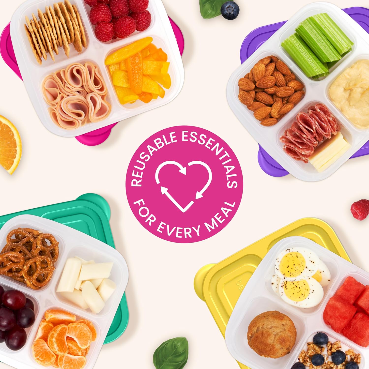 Bentgo Easyboxes 4-Compartment Snack Containers - 8-Piece Set with 4 Trays & 4 Custom-Fit Lids to Seal in Freshness - Reusable Food Storage & Meal Prep Bento BPA-Free Containers (Brights) Brights 4-Compartment Snack Containers