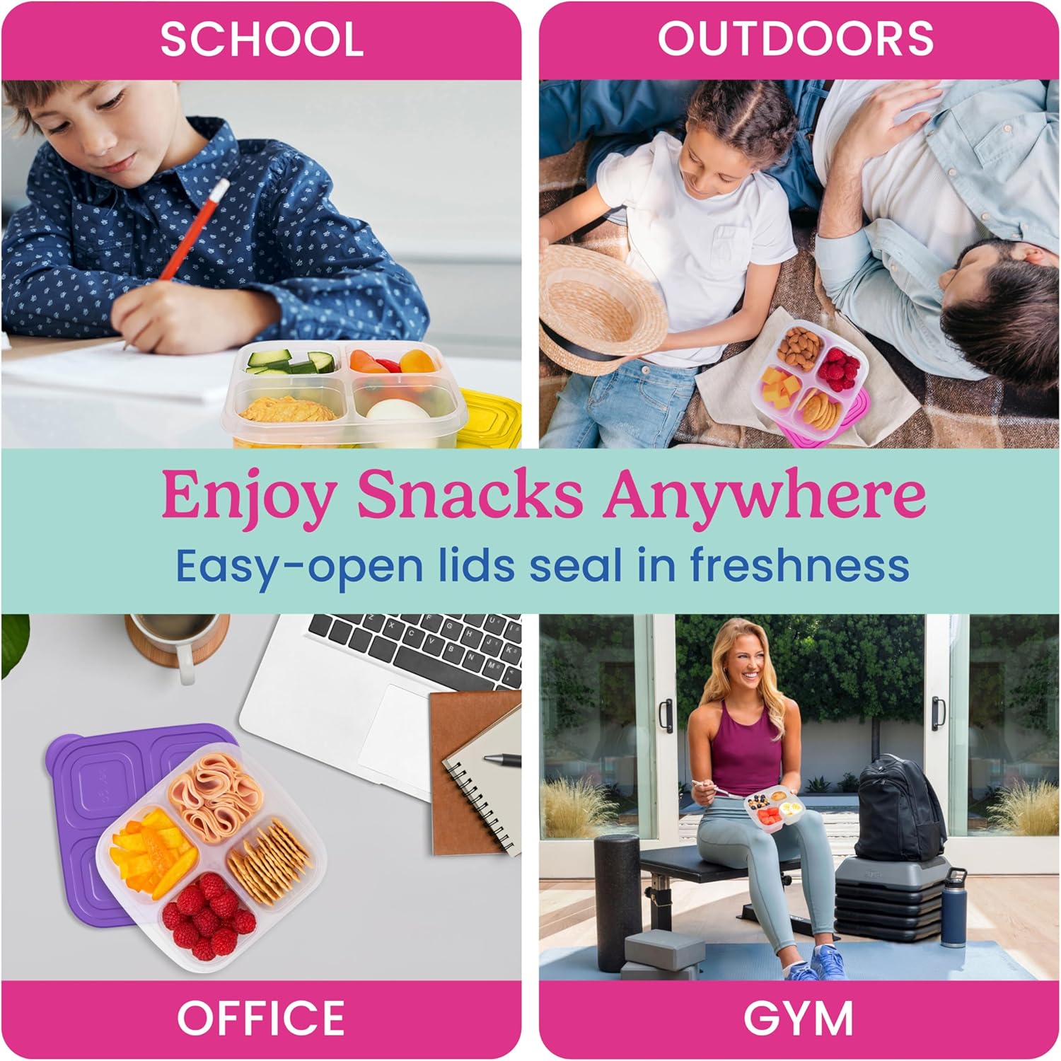 Bentgo Easyboxes 4-Compartment Snack Containers - 8-Piece Set with 4 Trays & 4 Custom-Fit Lids to Seal in Freshness - Reusable Food Storage & Meal Prep Bento BPA-Free Containers (Brights) Brights 4-Compartment Snack Containers