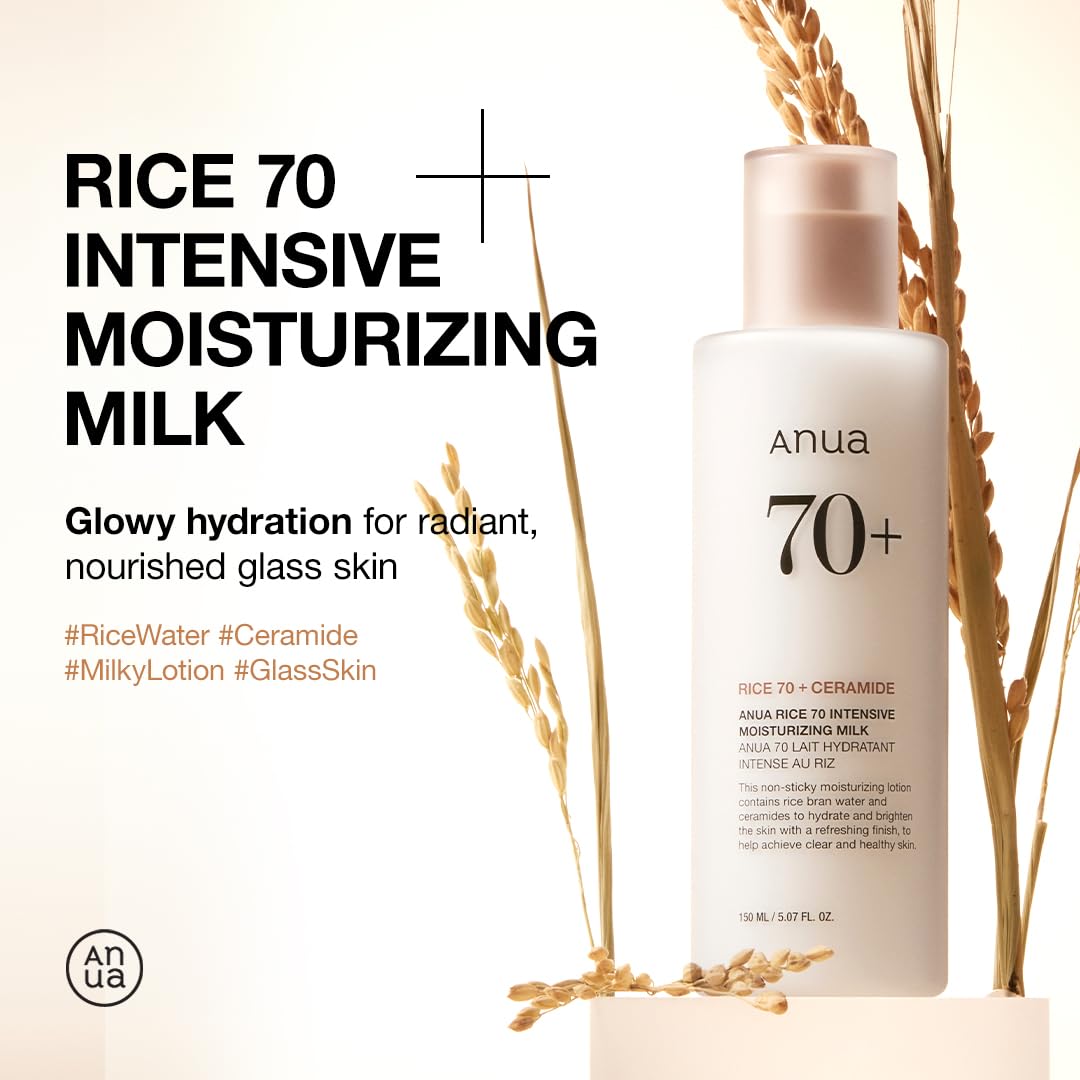 ANUA Rice 70 Intensive Moisturizing Milk, Hydrating Face Lotion, Niacinamide, Ceramides, All Skin Types, Sensitive, Skin Moisture Barrier, Lightweight Nourishing, Korean Skincare, 5.07 fl.oz.