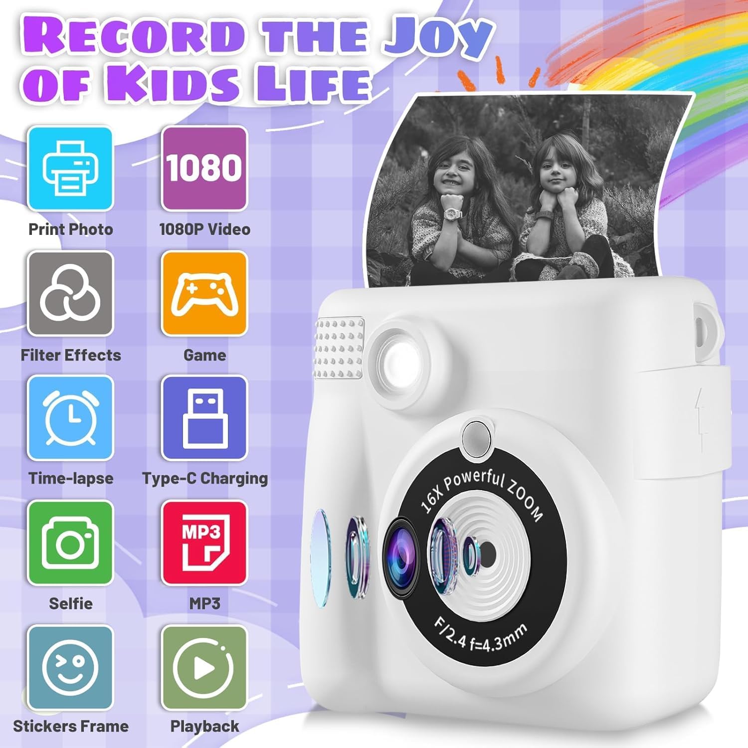 Kids Camera Instant Print, Safe Toddler Camera, HD Digital Cameras 16X Digital Zoom & 32G SD Card, 2.4‘’Screen Instant Print Cameras for Kids, 4 5 6 7 8 9 10 Year Old Girl & Boy Birthday Gifts, White
