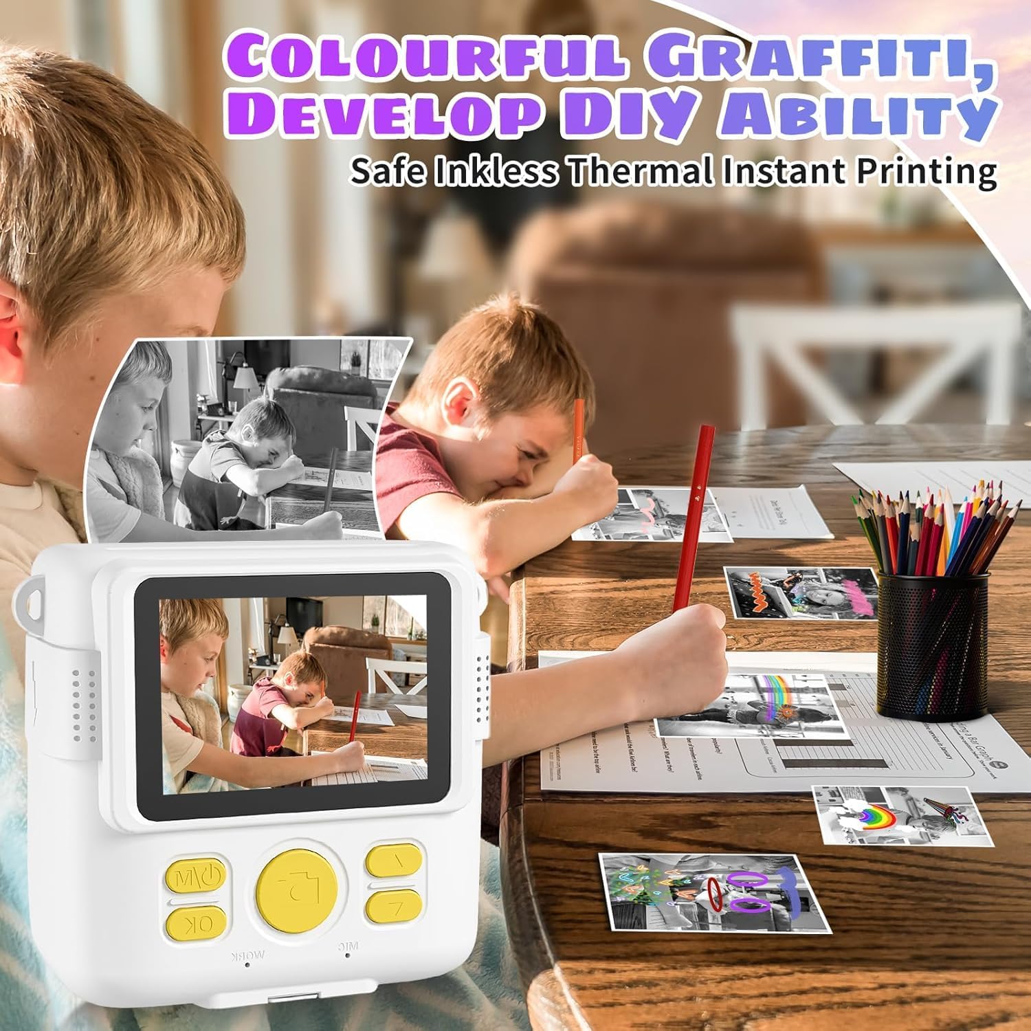 Kids Camera Instant Print, Safe Toddler Camera, HD Digital Cameras 16X Digital Zoom & 32G SD Card, 2.4‘’Screen Instant Print Cameras for Kids, 4 5 6 7 8 9 10 Year Old Girl & Boy Birthday Gifts, White
