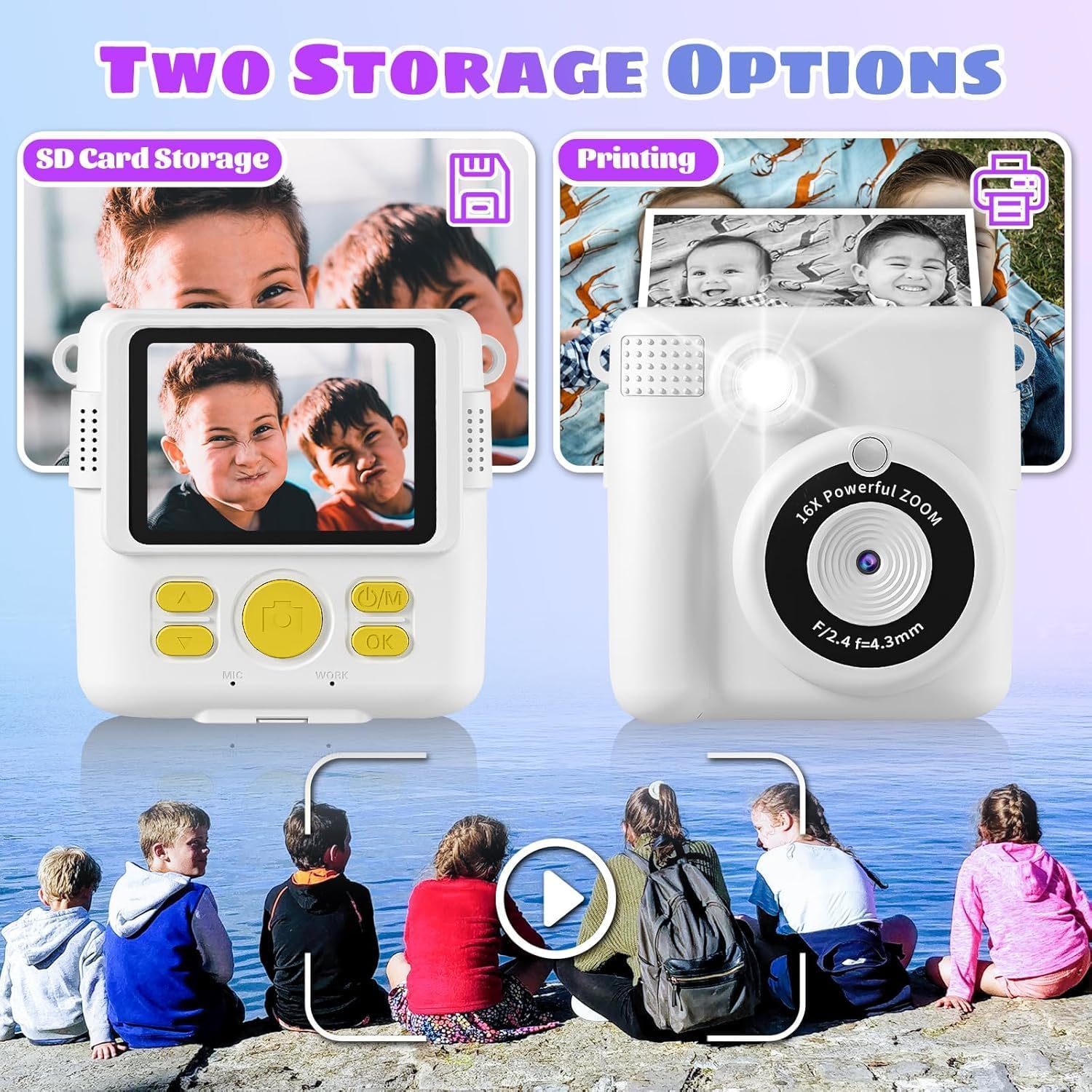 Kids Camera Instant Print, Safe Toddler Camera, HD Digital Cameras 16X Digital Zoom & 32G SD Card, 2.4‘’Screen Instant Print Cameras for Kids, 4 5 6 7 8 9 10 Year Old Girl & Boy Birthday Gifts, White