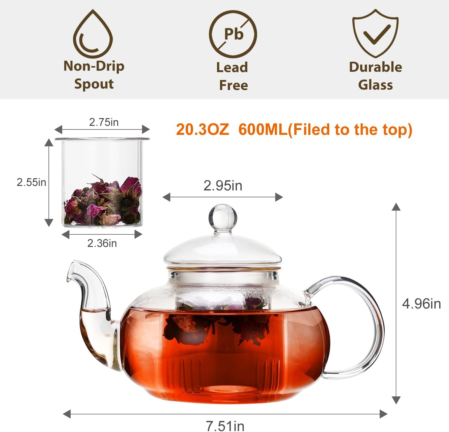 CNGLASS Glass Teapot Stovetop Safe,Clear Teapot with Removable Infuser 20.3 oz,Loose Leaf and Blooming Tea Maker 20.3OZ