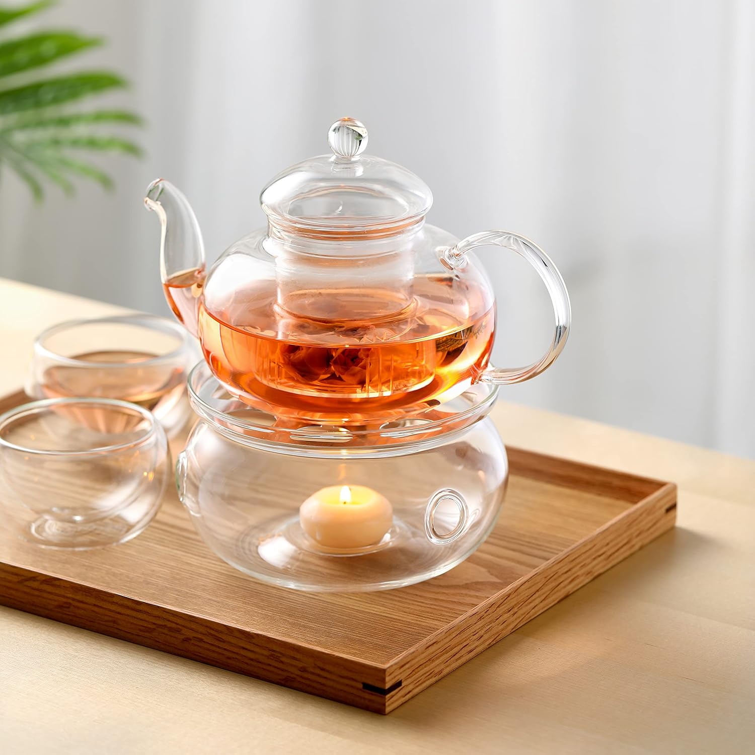 CNGLASS Glass Teapot Stovetop Safe,Clear Teapot with Removable Infuser 20.3 oz,Loose Leaf and Blooming Tea Maker 20.3OZ
