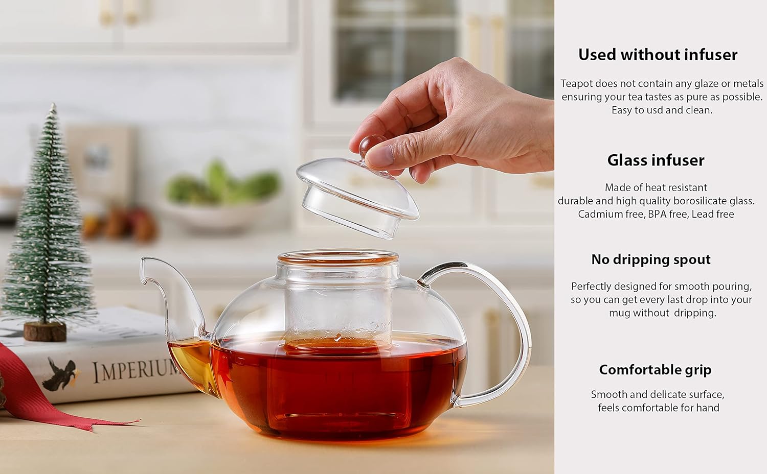 CNGLASS Glass Teapot Stovetop Safe,Clear Teapot with Removable Infuser 20.3 oz,Loose Leaf and Blooming Tea Maker 20.3oz Teapot