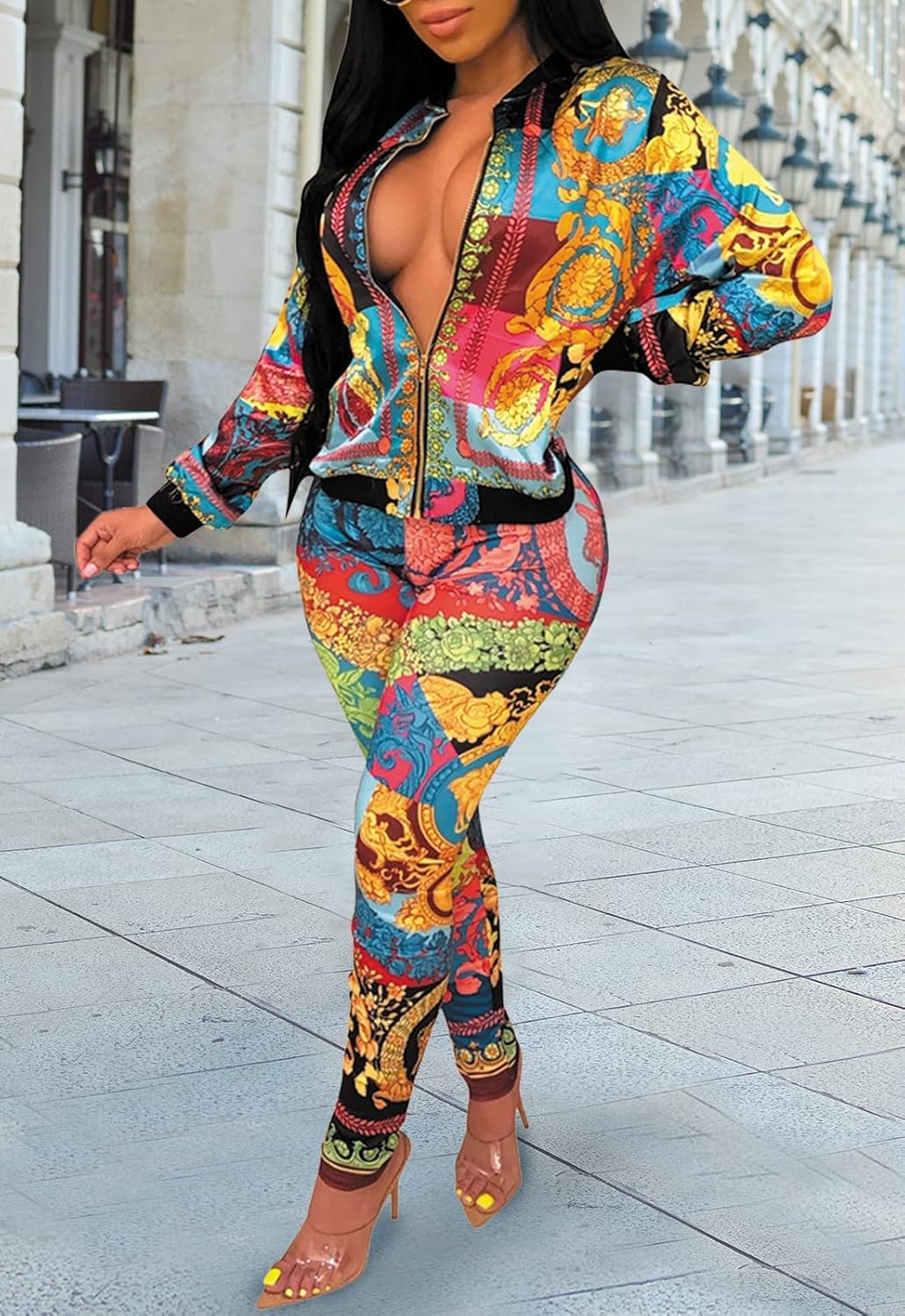 YouSexy 2 Piece Legging Pant Sets for Women Floral Print Long Sleeve Tracksuits Outfits Multicolor-zz Small