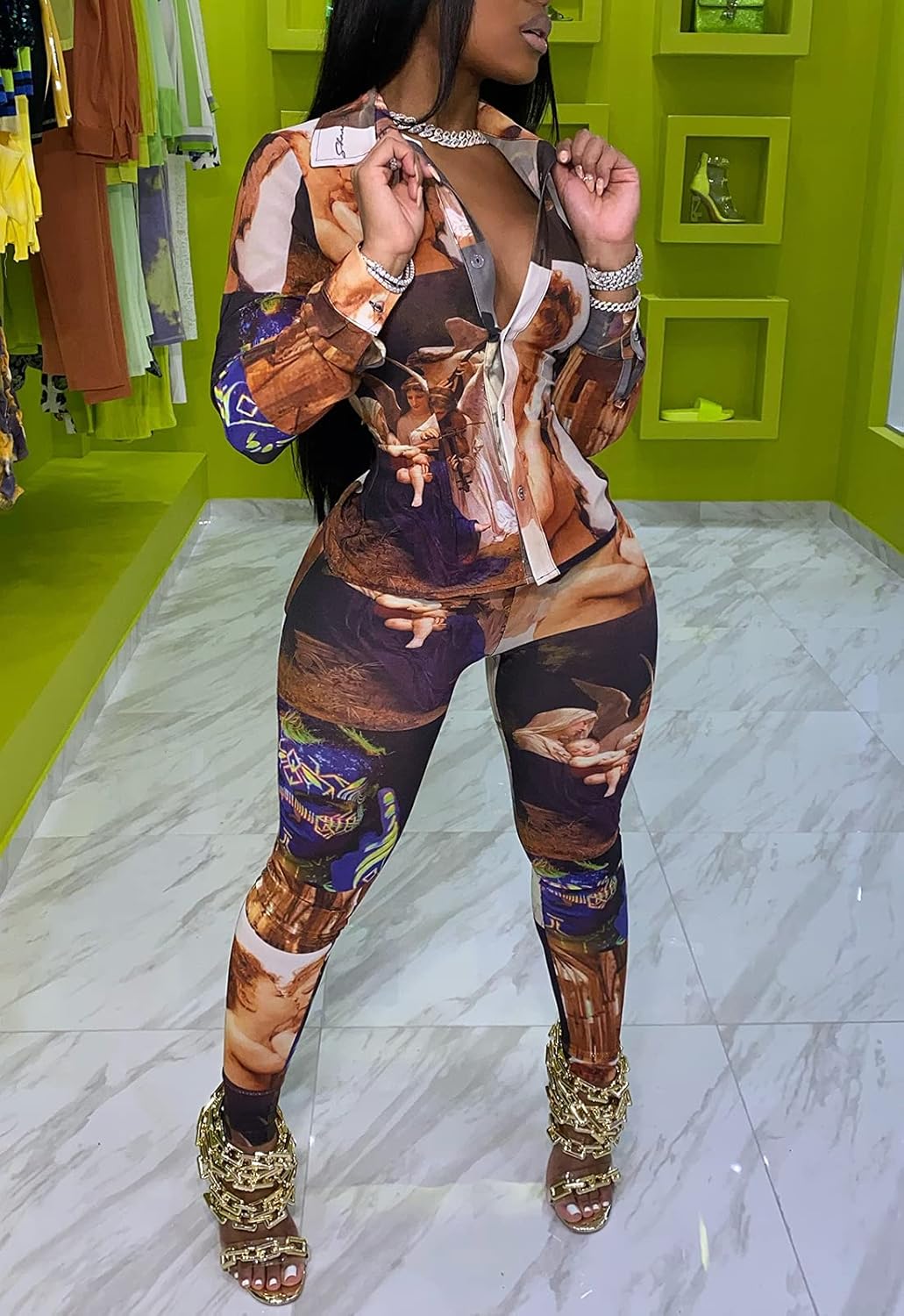 YouSexy 2 Piece Legging Pant Sets for Women Floral Print Long Sleeve Tracksuits Outfits 10588brown Small