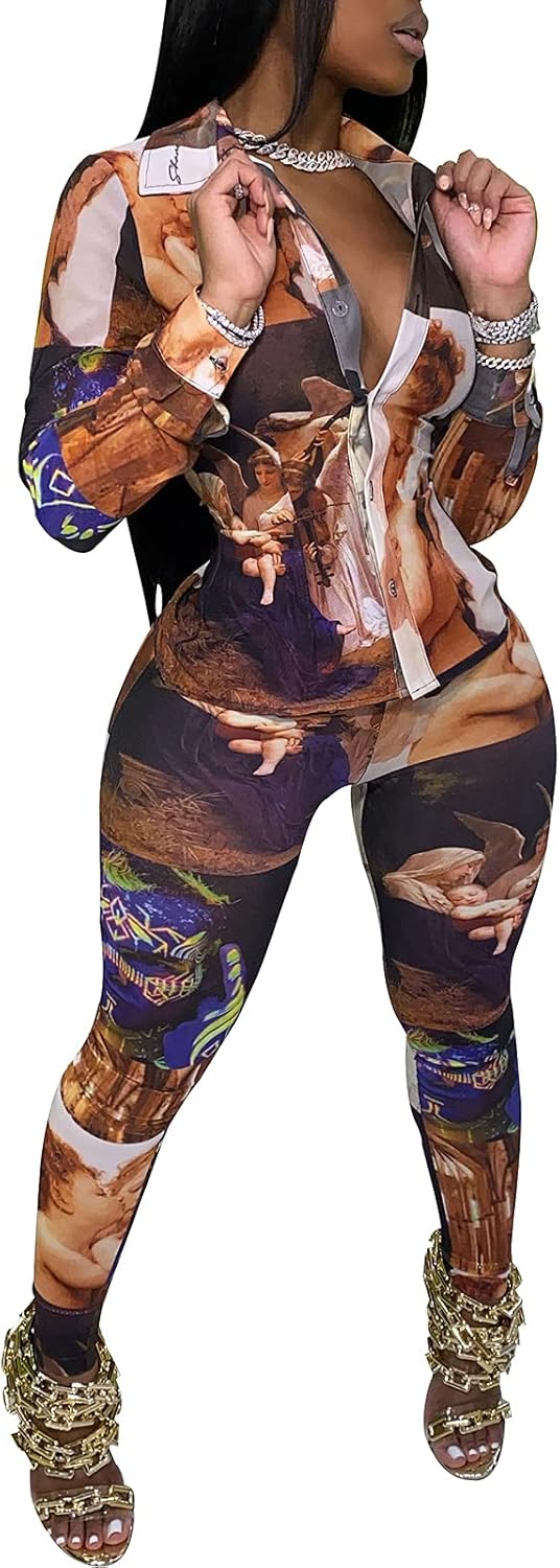 YouSexy 2 Piece Legging Pant Sets for Women Floral Print Long Sleeve Tracksuits Outfits 10588brown Small