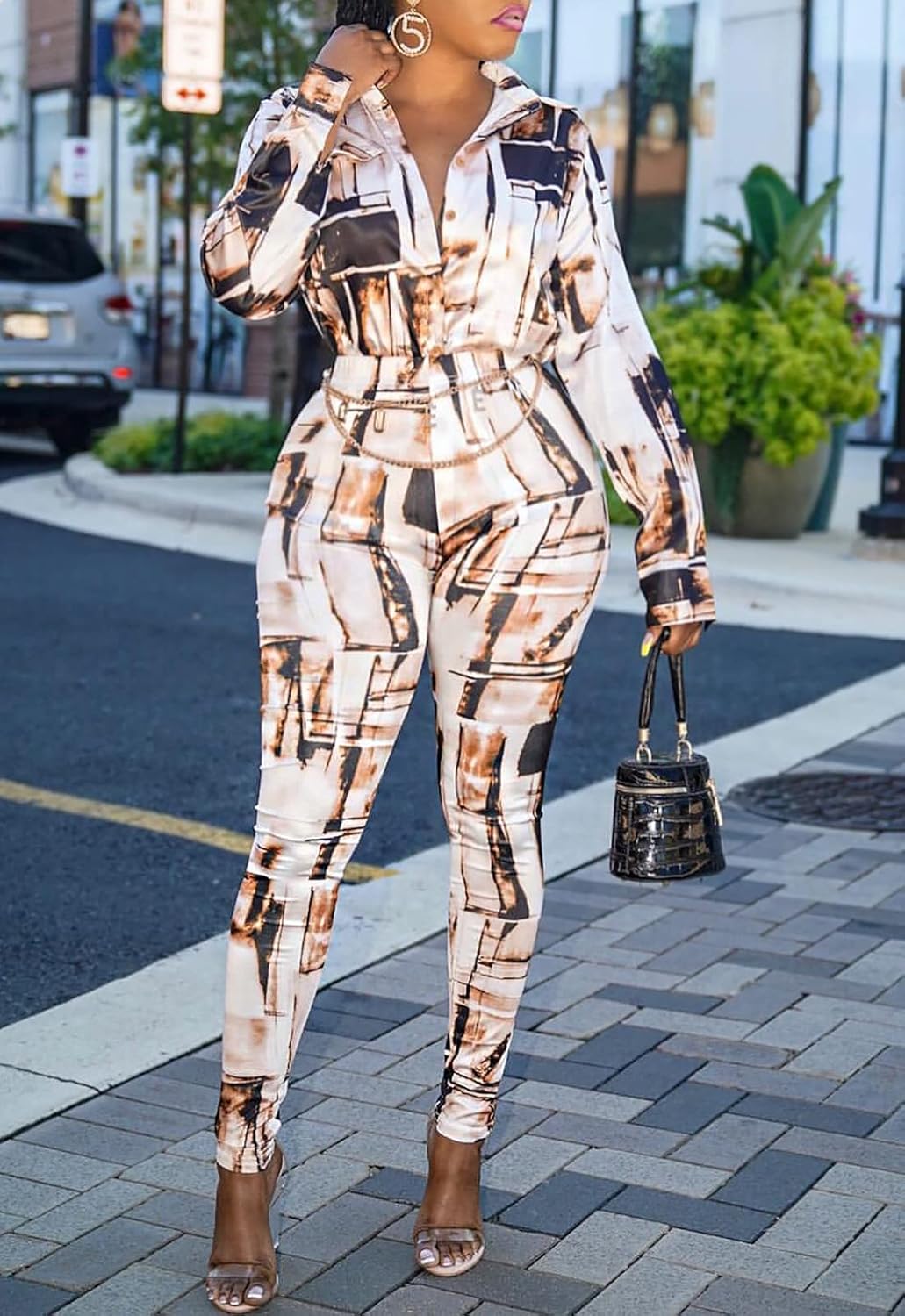 YouSexy 2 Piece Legging Pant Sets for Women Floral Print Long Sleeve Tracksuits Outfits Ak-beige Small