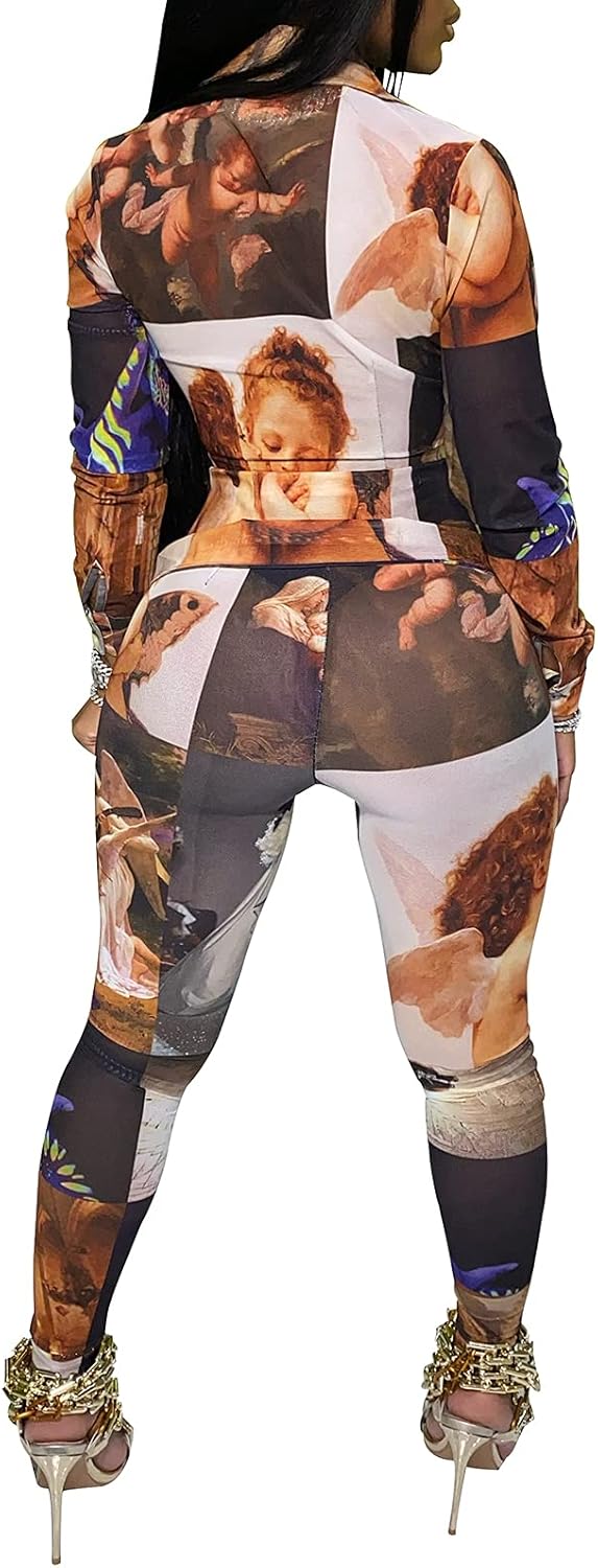 YouSexy 2 Piece Legging Pant Sets for Women Floral Print Long Sleeve Tracksuits Outfits 10588brown Small