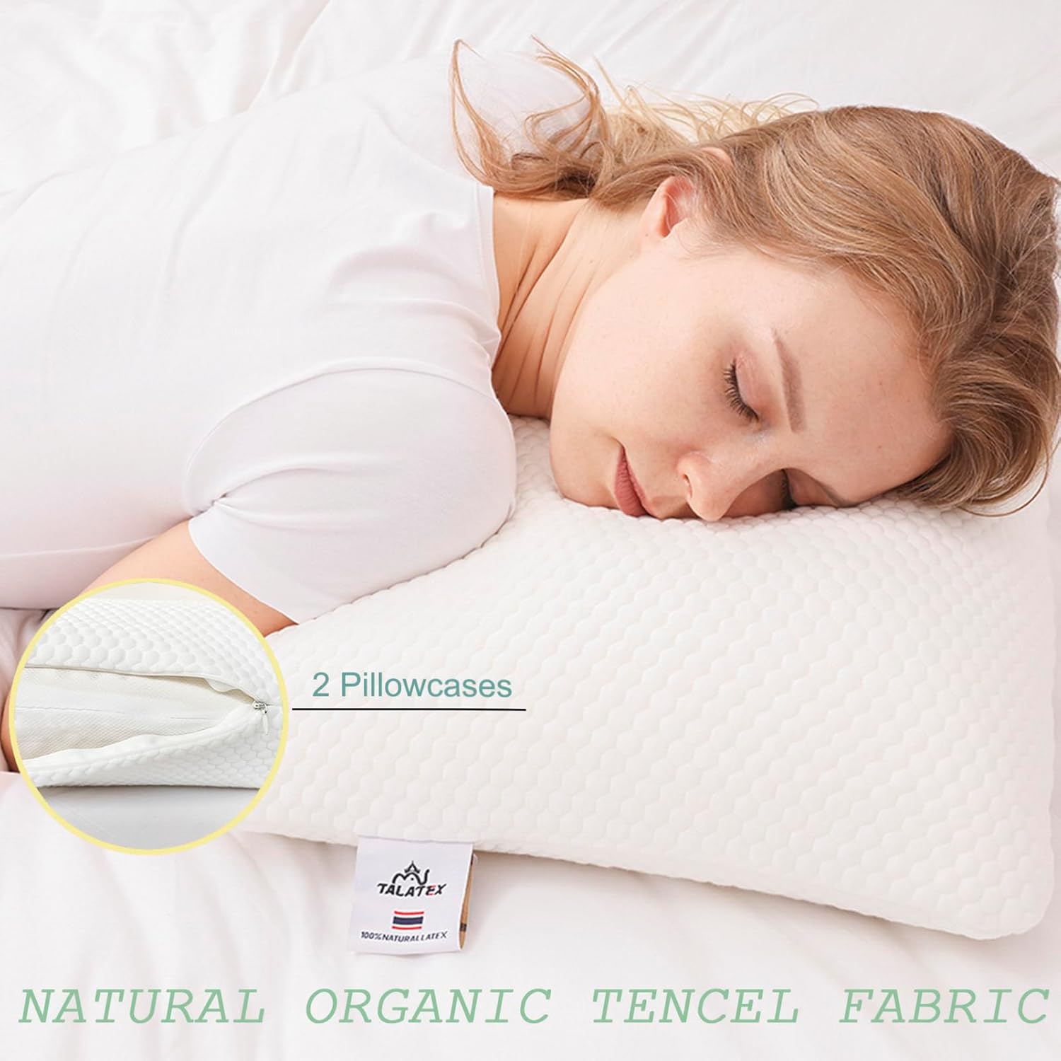 Talatex Talalay Ultra Slim 100% Natural Premium Latex Pillow, Ultra Thin Flat Pillow for Stomach and Back Sleepers Helps Cervical Neck Alignment and Deeper Sleep, No Memory Foam Chemicals（2.7