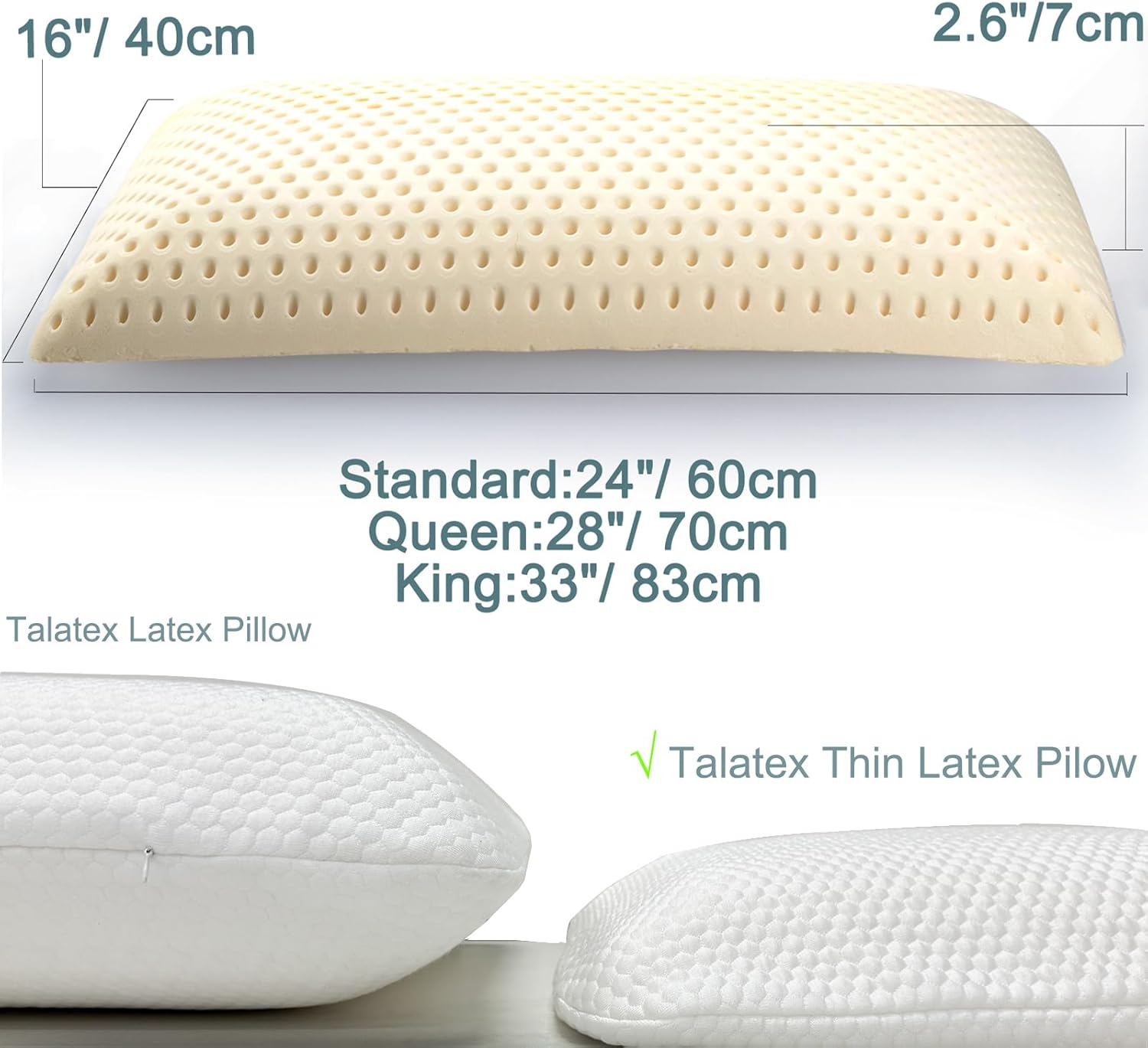 Talatex 100% Natural Premium Thin Latex Pillow, Ultra Thin Pillows, Flat Pillows for Sleeping Helps Relieve Pressure, No Memory Foam Chemicals, Perfect Package Best Gift (2.7