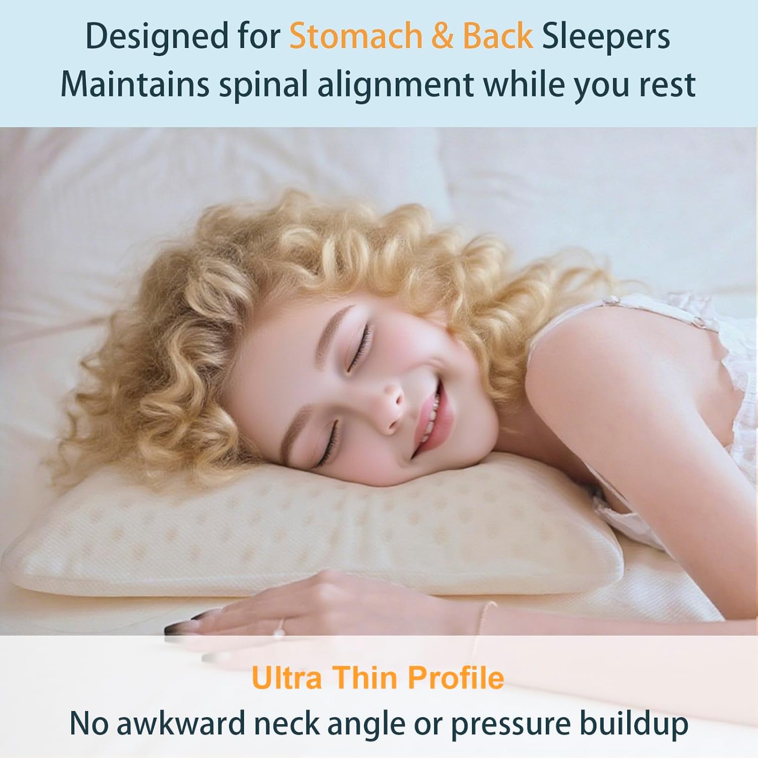 Talatex Talalay Ultra Slim 100% Natural Premium Latex Pillow, Ultra Thin Flat Pillow for Stomach and Back Sleepers Helps Cervical Neck Alignment and Deeper Sleep, No Memory Foam Chemicals（2.7