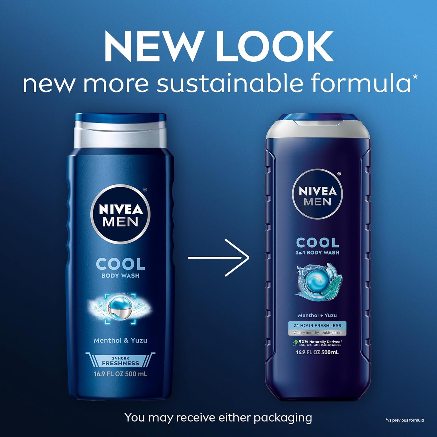 Nivea Men Cool Body Wash, Icy Menthol and Yuzu Scent, 3-in-1 Men's Body Wash, Face and Hair, Paraben Free, pH-Skin Friendly, 16.9 Fl Oz Bottle, Pack of 3