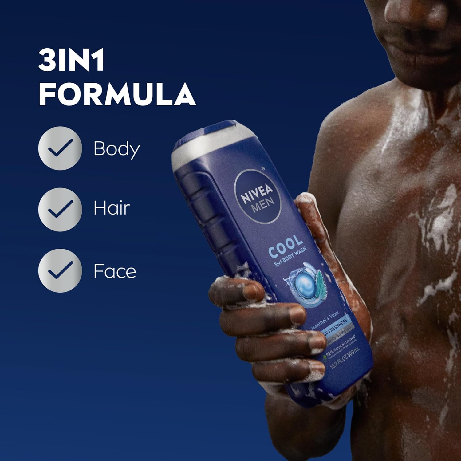 NIVEA Men Cool Body Wash, Icy Menthol and Yuzu Scent, 3-in-1 Men's Body Wash, Face and Hair, Paraben Free, pH-Skin Friendly, 16.9 Fl Oz Bottle, Pack of 3 16.9 Fl Oz (Pack of 3) Cool Body