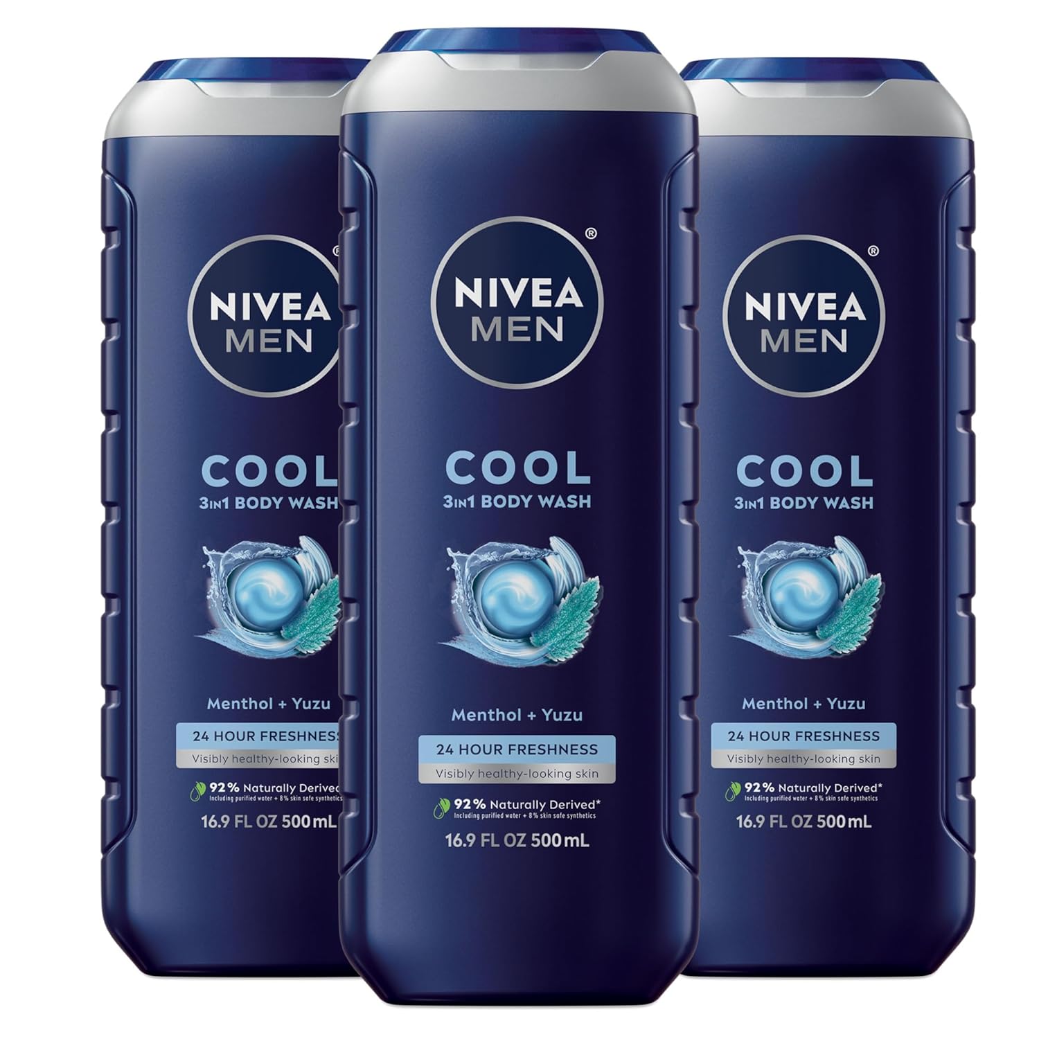 NIVEA Men Cool Body Wash, Icy Menthol and Yuzu Scent, 3-in-1 Men's Body Wash, Face and Hair, Paraben Free, pH-Skin Friendly, 16.9 Fl Oz Bottle, Pack of 3 16.9 Fl Oz (Pack of 3) Cool Body