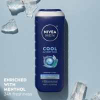 NIVEA MEN Cool Body Wash, Icy Menthol and Yuzu Scent, 3-in-1 Men's Body Wash, Face and Hair, Paraben Free, pH-Skin Friendly, 16.9 Fl Oz Bottle, Pack of 3 16.9 Fl Oz (Pack of 3) Cool Body
