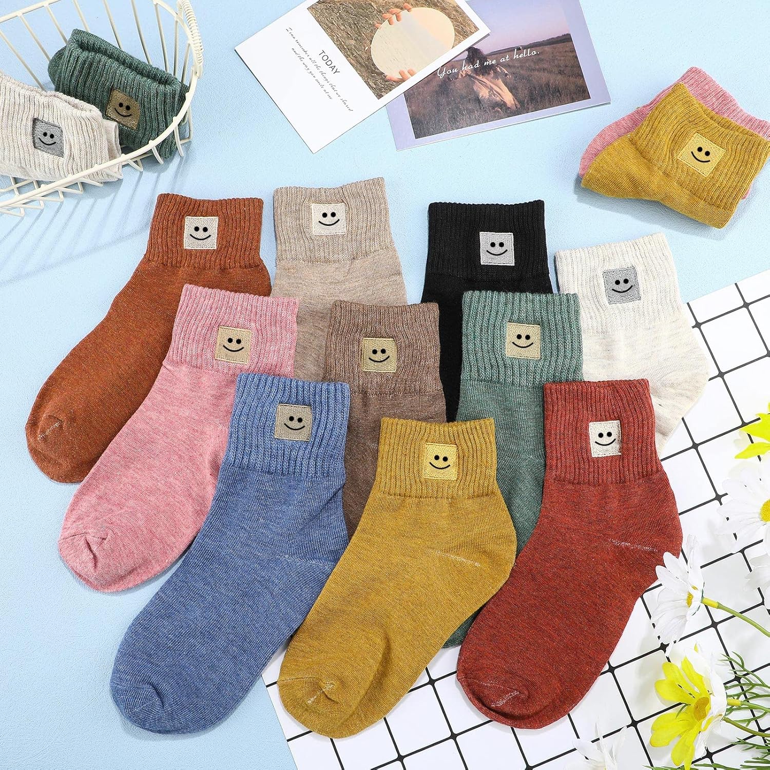 Eurzom 10 Pairs Socks Womens Crew Elastic Ankle Length Cotton Socks Aesthetic Cute Lightweight Low Cut Gifts for Women One Size Smile