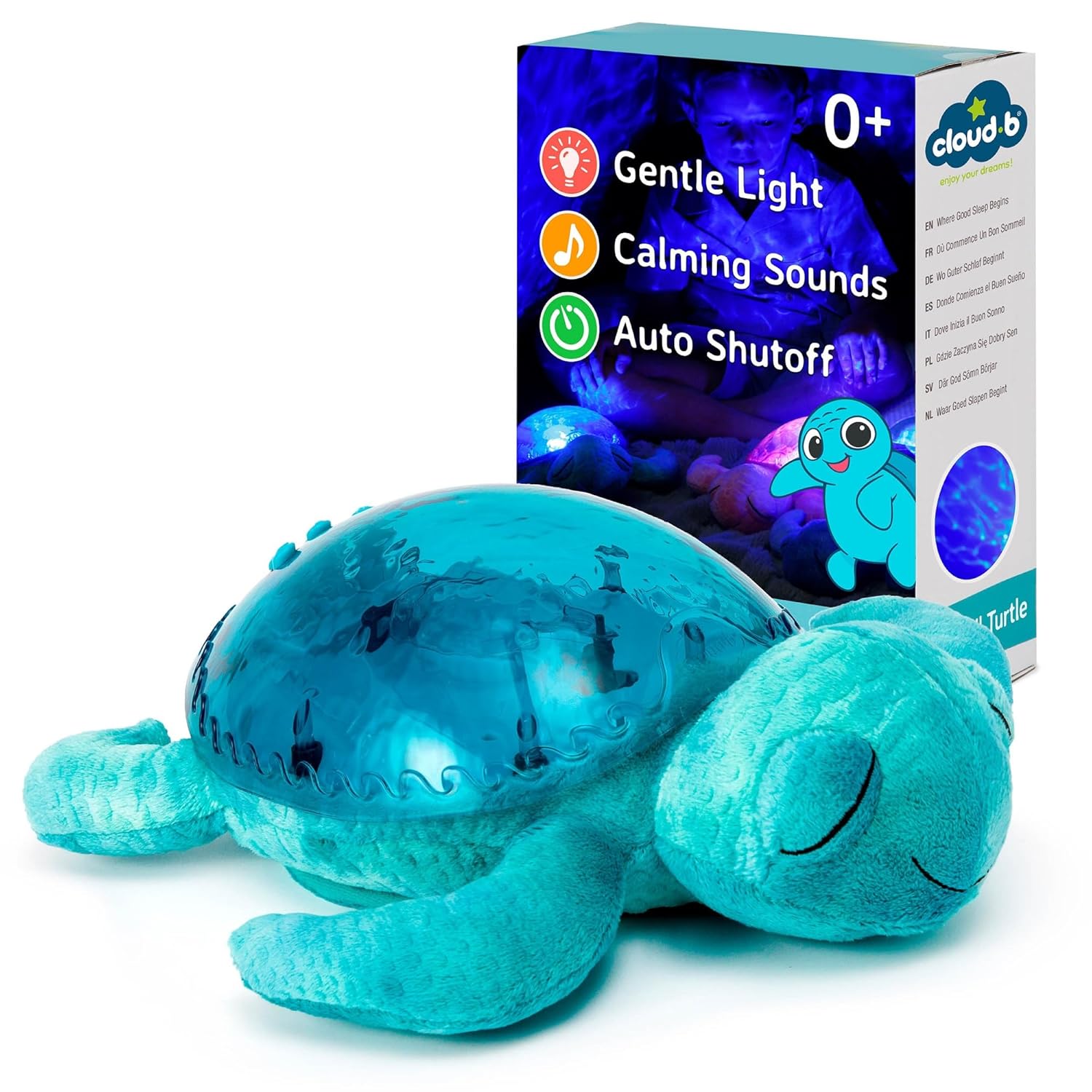 Cloud b Ocean Projector Nightlight with White Noise Soothing Sounds | Adjustable Settings and Auto-Shutoff | Tranquil Turtle - Aqua