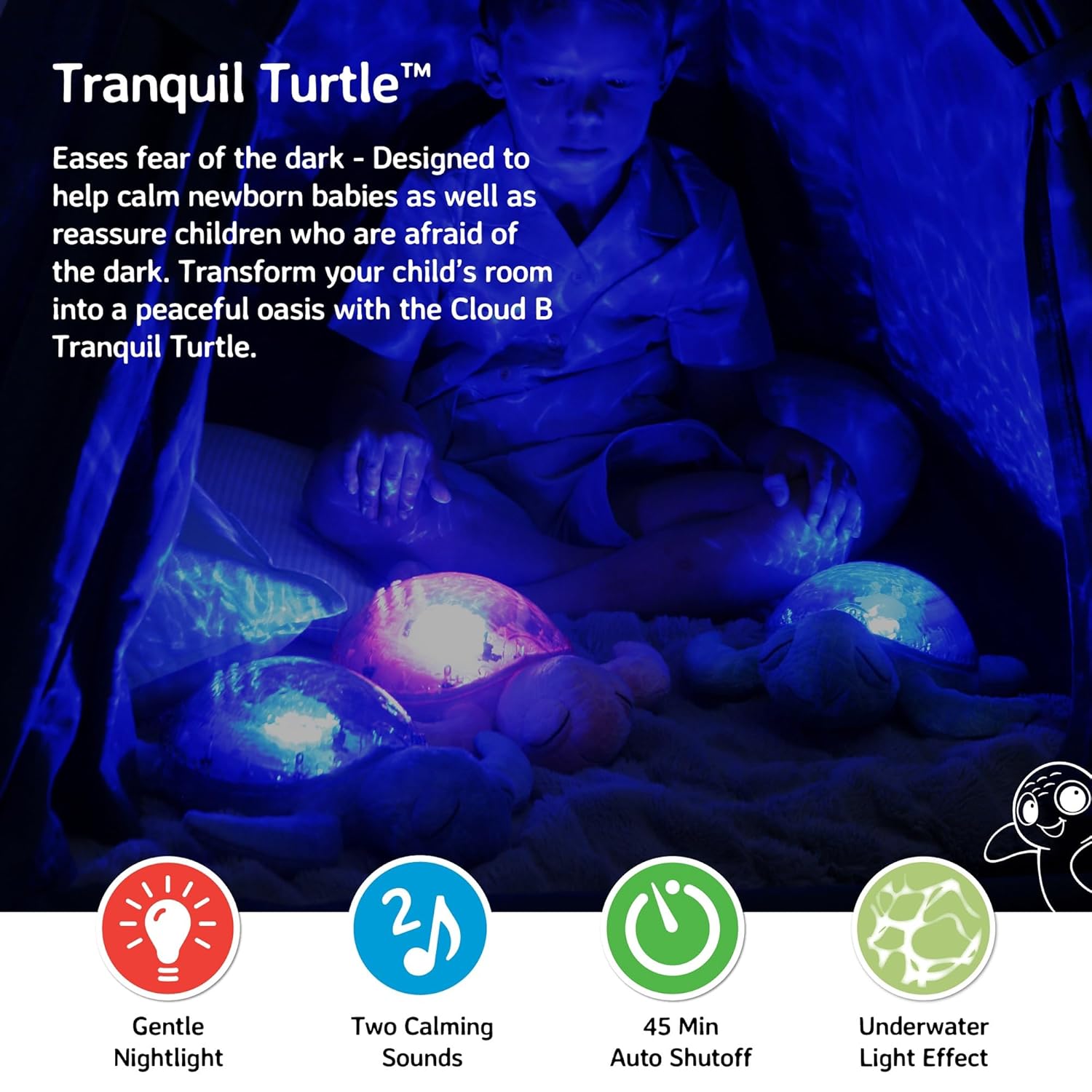 Cloud b Ocean Projector Nightlight with White Noise Soothing Sounds | Adjustable Settings and Auto-Shutoff | Tranquil Turtle - Aqua