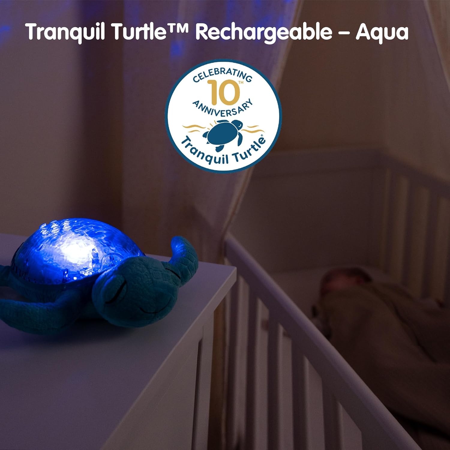 Cloud b Tranquil Turtle Aqua - White Noise Machine Baby, Baby Night Light & Portable White Noise Machine - Soothing Ocean Waves & Underwater Melodies, Cry Sensor, Rechargeable, Eco-Friendly Tranquil Turtle RC (Aqua)