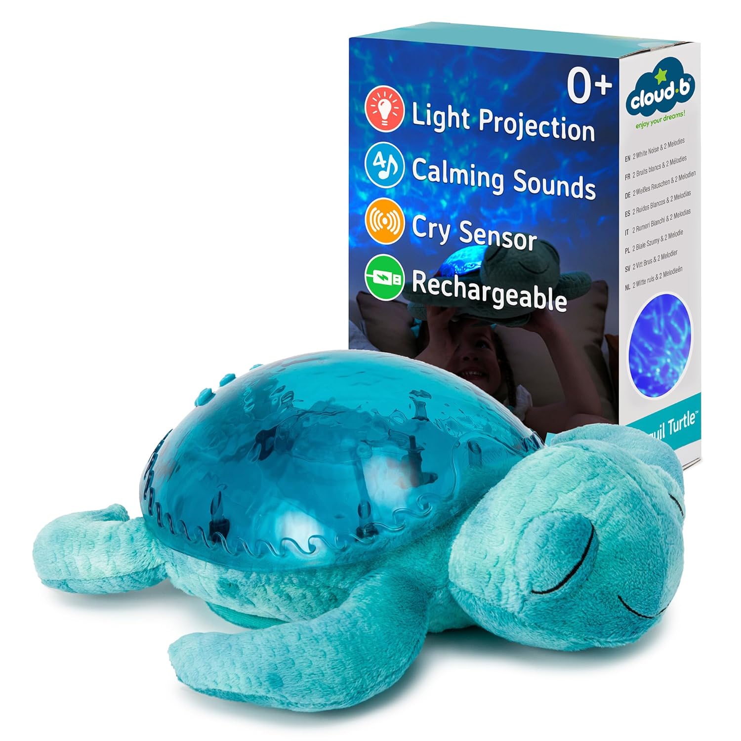 Cloud b Tranquil Turtle Aqua - White Noise Machine Baby, Baby Night Light & Portable White Noise Machine - Soothing Ocean Waves & Underwater Melodies, Cry Sensor, Rechargeable, Eco-Friendly Tranquil Turtle RC (Aqua)