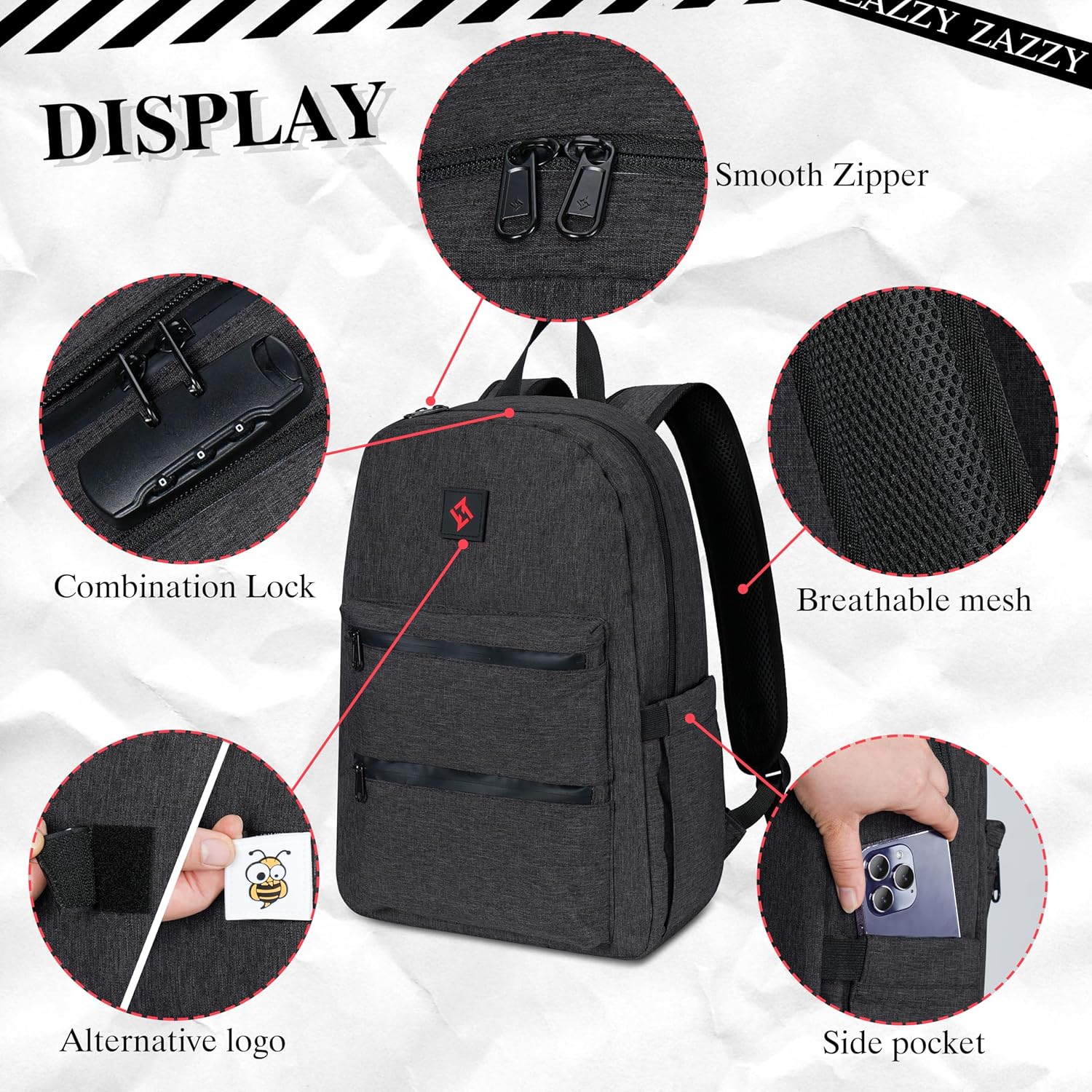Zazzy Smell Proof Backpack - Lockable Carbon Fiber Odor Proof Daypack, Black Grey Simple Grey