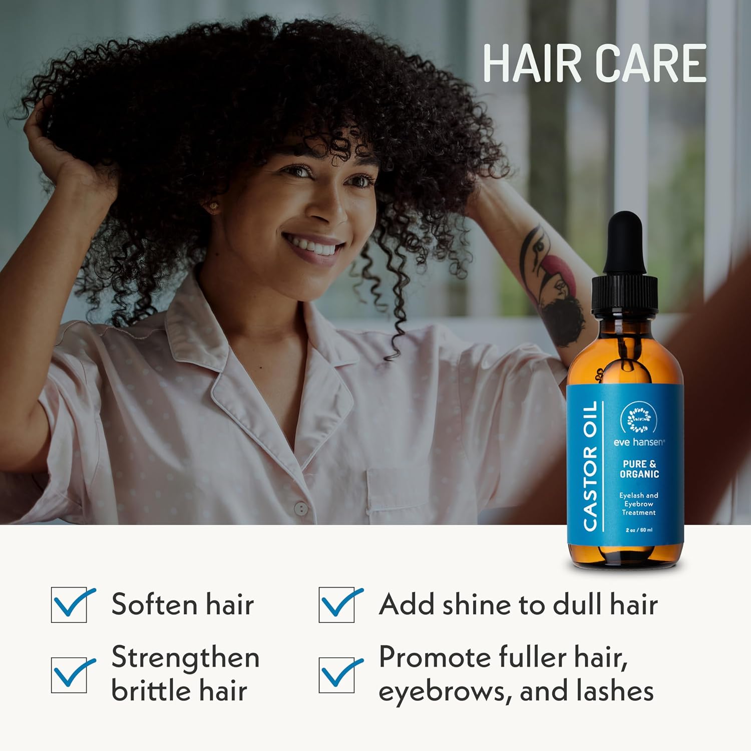 Eve Hansen Organic Castor Oil USDA Certified | Pure Carrier Oil for Eyelashes, Eyebrows, Hair, and Skin with Applicator (2oz)