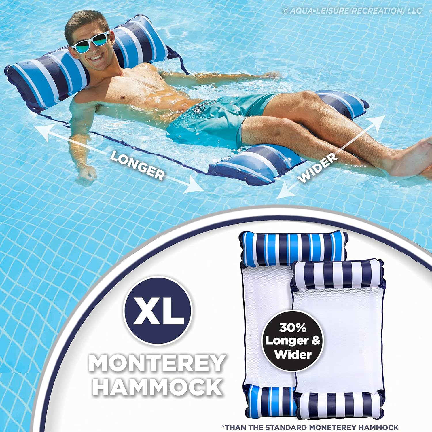 Aqua 4-in-1 Original Monterey Hammock XL Pool Float & Hammock - Multi-Purpose, Inflatable Pool Floats for Adults - Patented Thick, Non-Stick PVC Material – Navy/White Stripe Navy/White Stripe XL Hammock