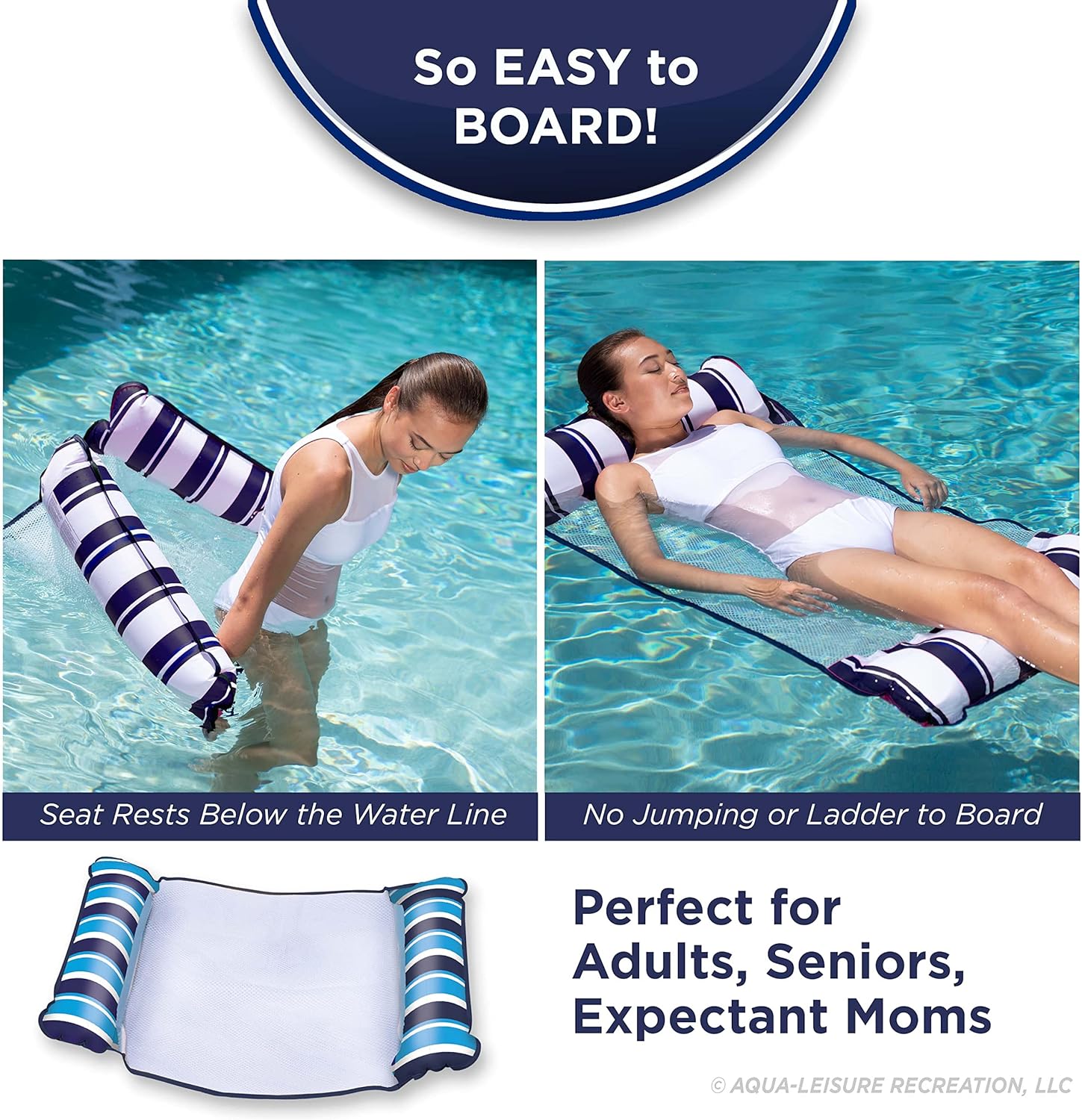 Aqua Original 4-in-1 Monterey Hammock Pool Float & Water Hammock – Multi-Purpose, Inflatable Pool Floats for Adults – Patented Thick, Non-Stick PVC Material Navy XL Hammock