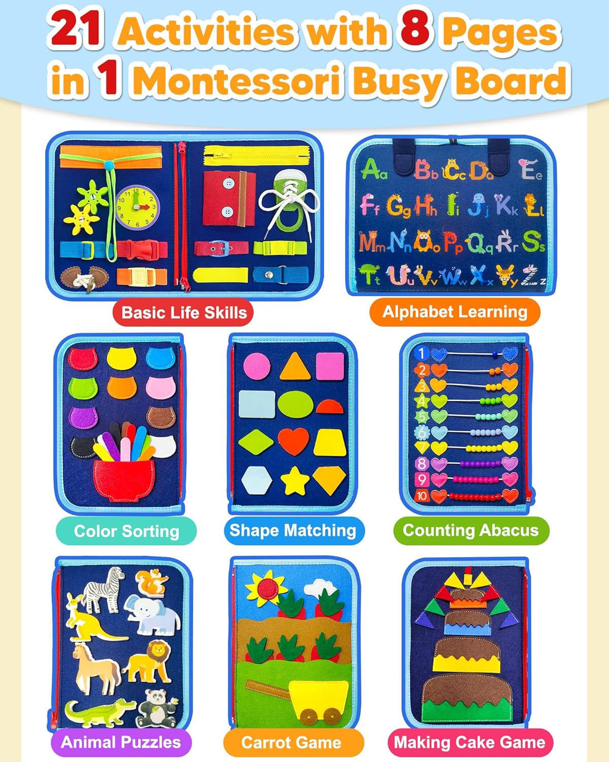 Exorany Busy Board Montessori Toys for Toddler Boy Birthday Gifts, Busy Book Sensory Learning Toys for Toddlers, Toddler Boy Airplane Car Travel Toy Educational Activities Blue/P8