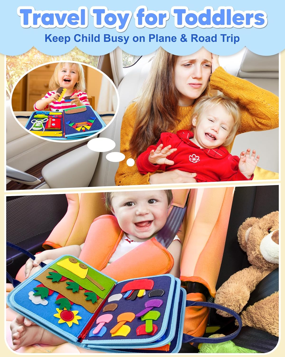 Exorany Busy Board Montessori Toys for Toddler Boy Birthday Gifts, Busy Book Sensory Learning Toys for Toddlers, Toddler Boy Airplane Car Travel Toy Educational Activities Blue/P8