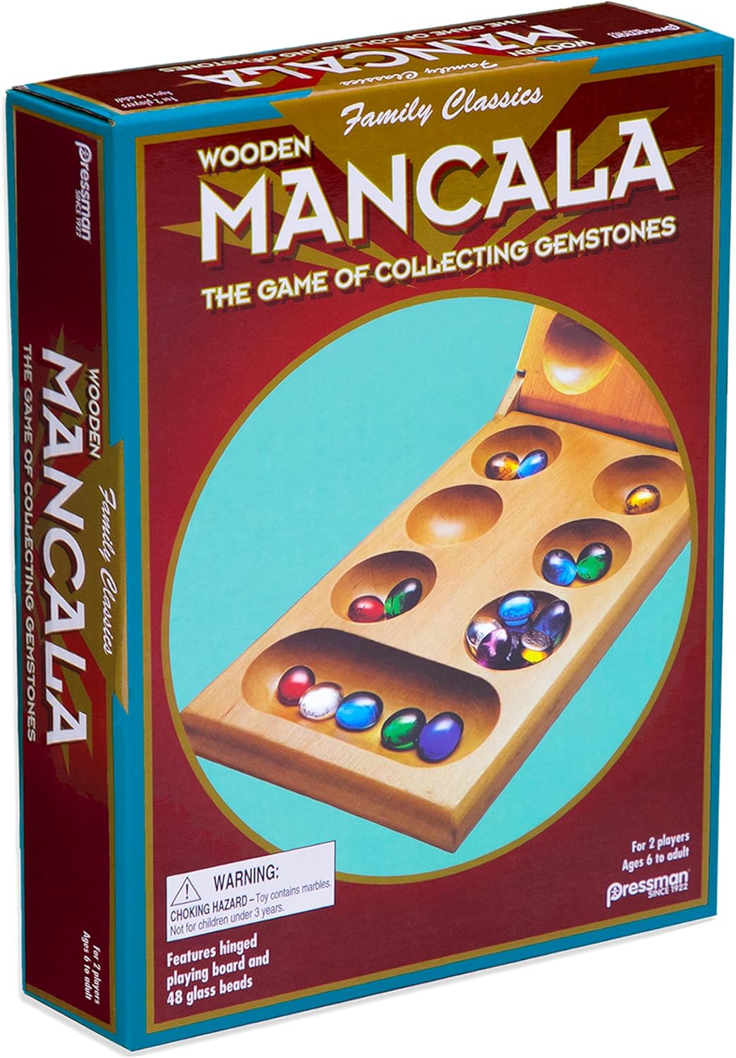 Pressman Mancala Board Game | Fun Classic Table for Adults & Kids | Includes 48 Plastic Mancala Stones and Wood Hinged Playing Board | 2 Players, Ages 6+