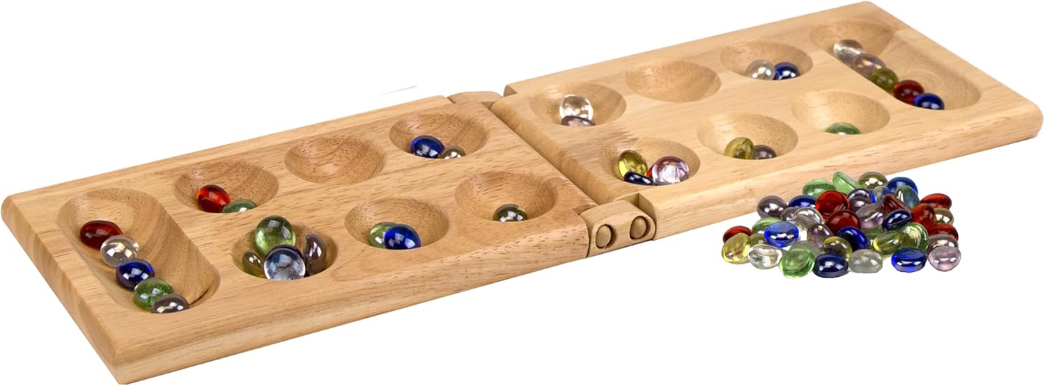 Pressman Mancala Board Game | Fun Classic Table for Adults & Kids | Includes 48 Plastic Mancala Stones and Wood Hinged Playing Board | 2 Players, Ages 6+