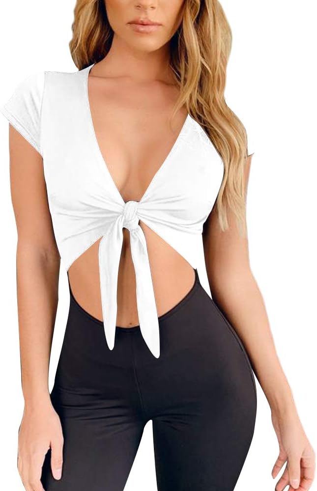 LCNBA Deep V Neck Short Sleeve Crop Top,Bandage Cross Wrap Tie Up Crop Tops