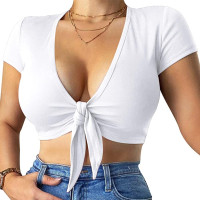 LCNBA Deep V Neck Short Sleeve Crop Top,Bandage Cross Wrap Tie Up Crop Tops