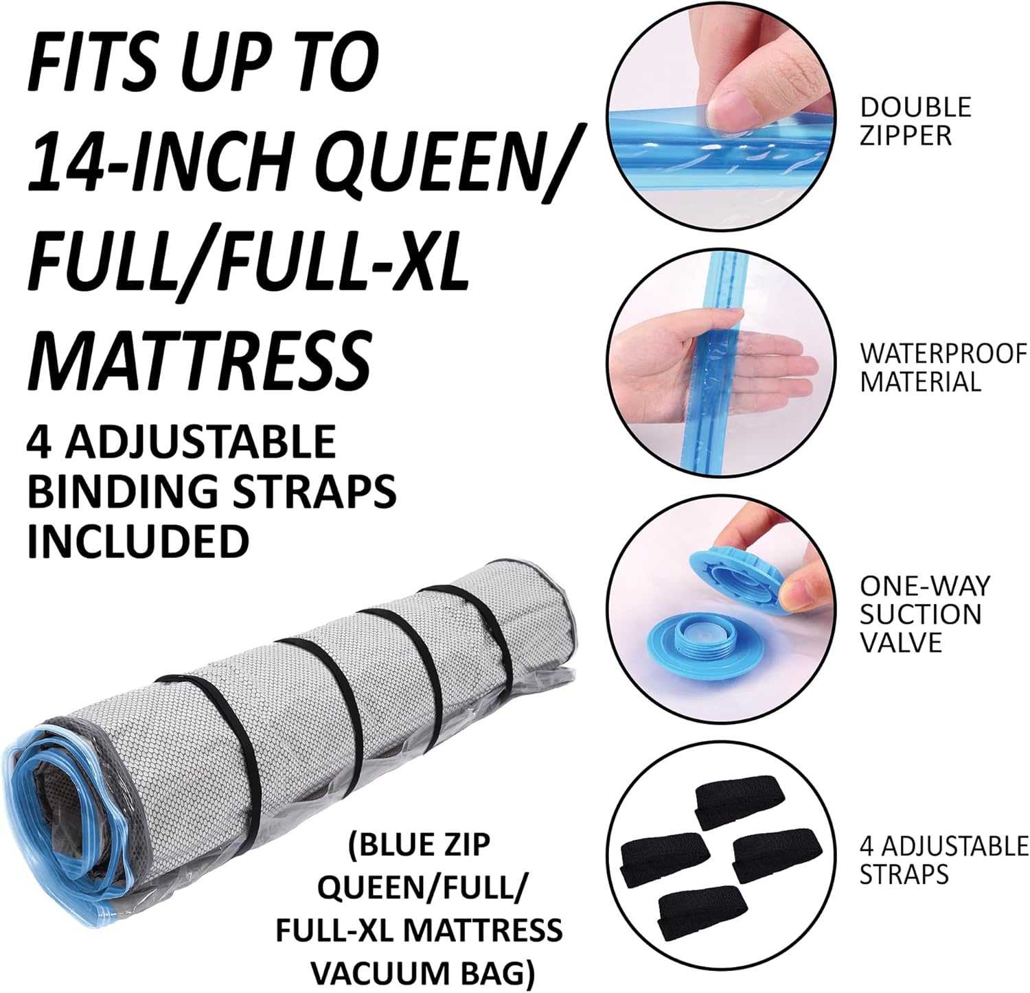Queen/Full/Full-XL Foam Mattress Vacuum Bag with Blue Zipper, Mattress Storage Bag Queen/Full/Full-XL BlueZip