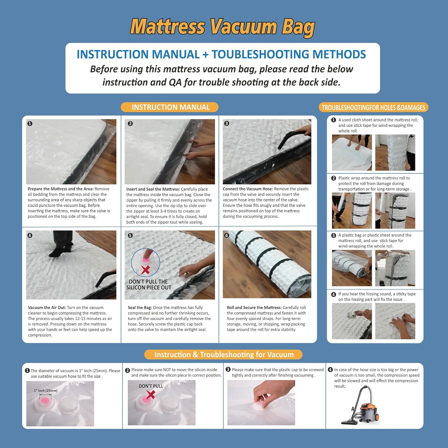 Queen/Full/Full-XL Foam Mattress Vacuum Bag with Blue Zipper, Mattress Storage Bag Queen/Full/Full-XL BlueZip
