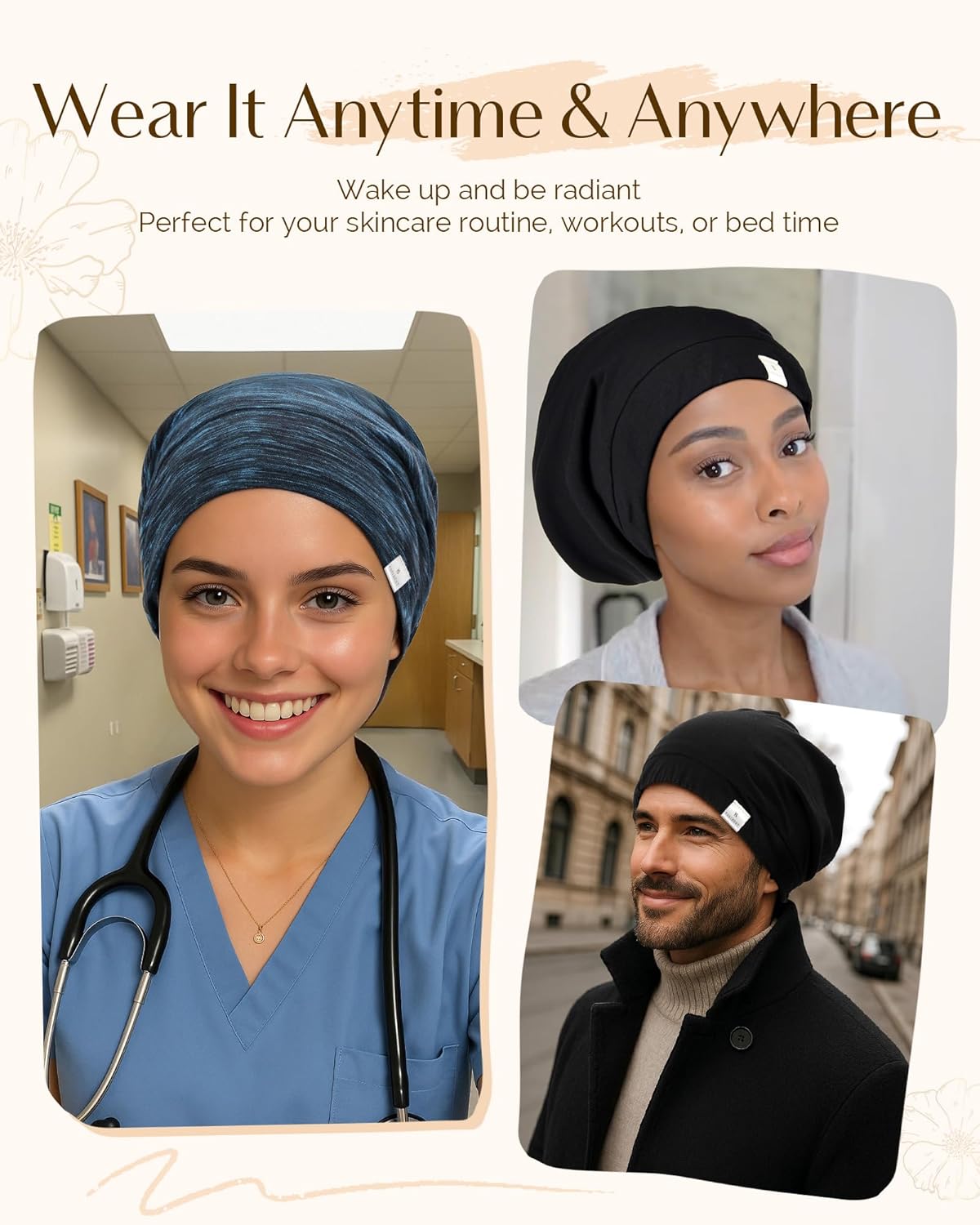 YANIBEST Hair Cover Bonnet Satin Sleep Cap - Adjustable Stay on Silk Lined Slouchy Beanie for Night Sleeping Surgical Hats Pure Black Large Aa-pure Black