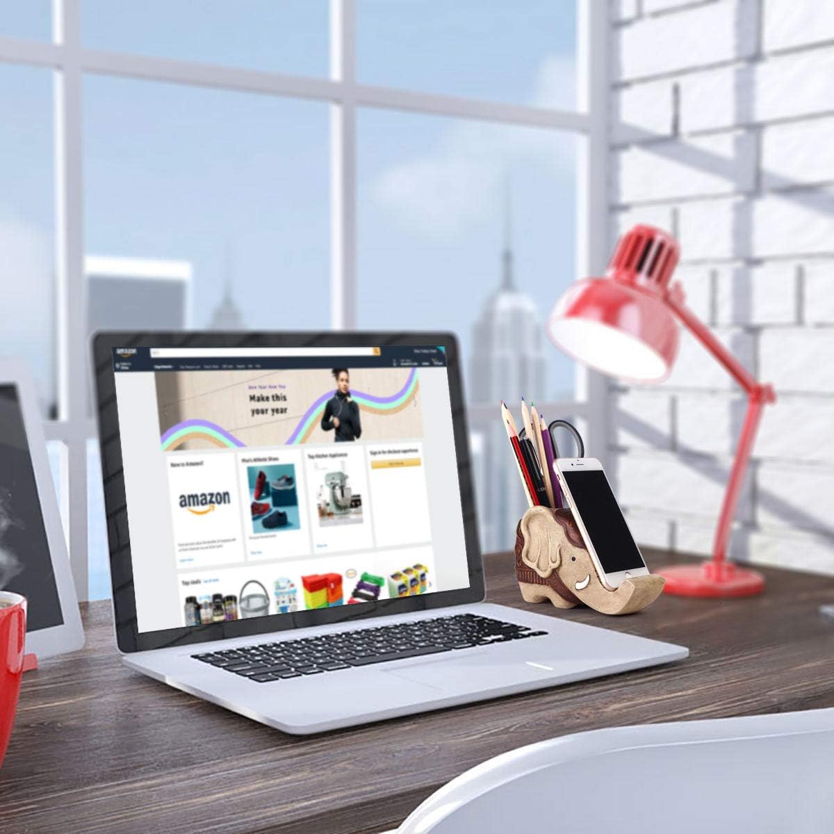 Pen Pencil Holder with Phone Stand, COOLBROS Resin elephant Shaped Pen Container Cell Phone Stand Carving Brush Scissor Holder Desk Organizer Decoration for Office Desk Home Decorative (Retro Brown)