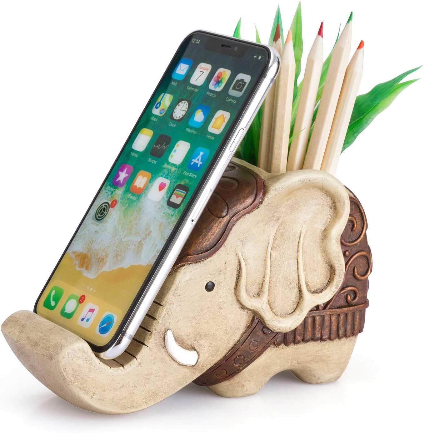 Pen Pencil Holder with Phone Stand, COOLBROS Resin elephant Shaped Pen Container Cell Phone Stand Carving Brush Scissor Holder Desk Organizer Decoration for Office Desk Home Decorative (Retro Brown)