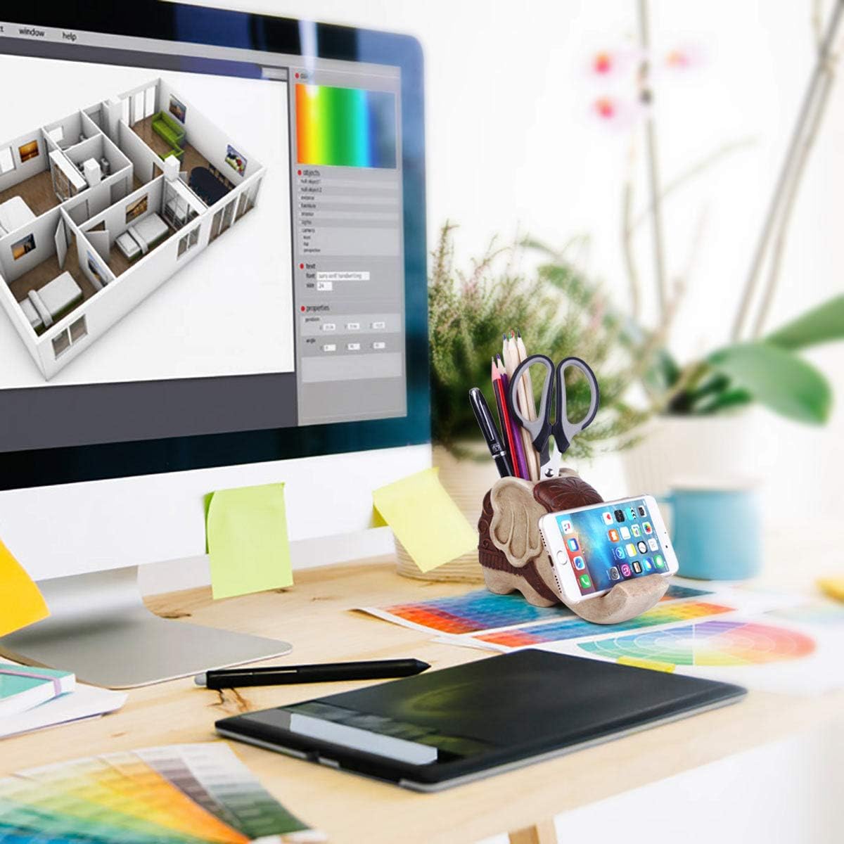 Pen Pencil Holder with Phone Stand, COOLBROS Resin elephant Shaped Pen Container Cell Phone Stand Carving Brush Scissor Holder Desk Organizer Decoration for Office Desk Home Decorative (Retro Brown)