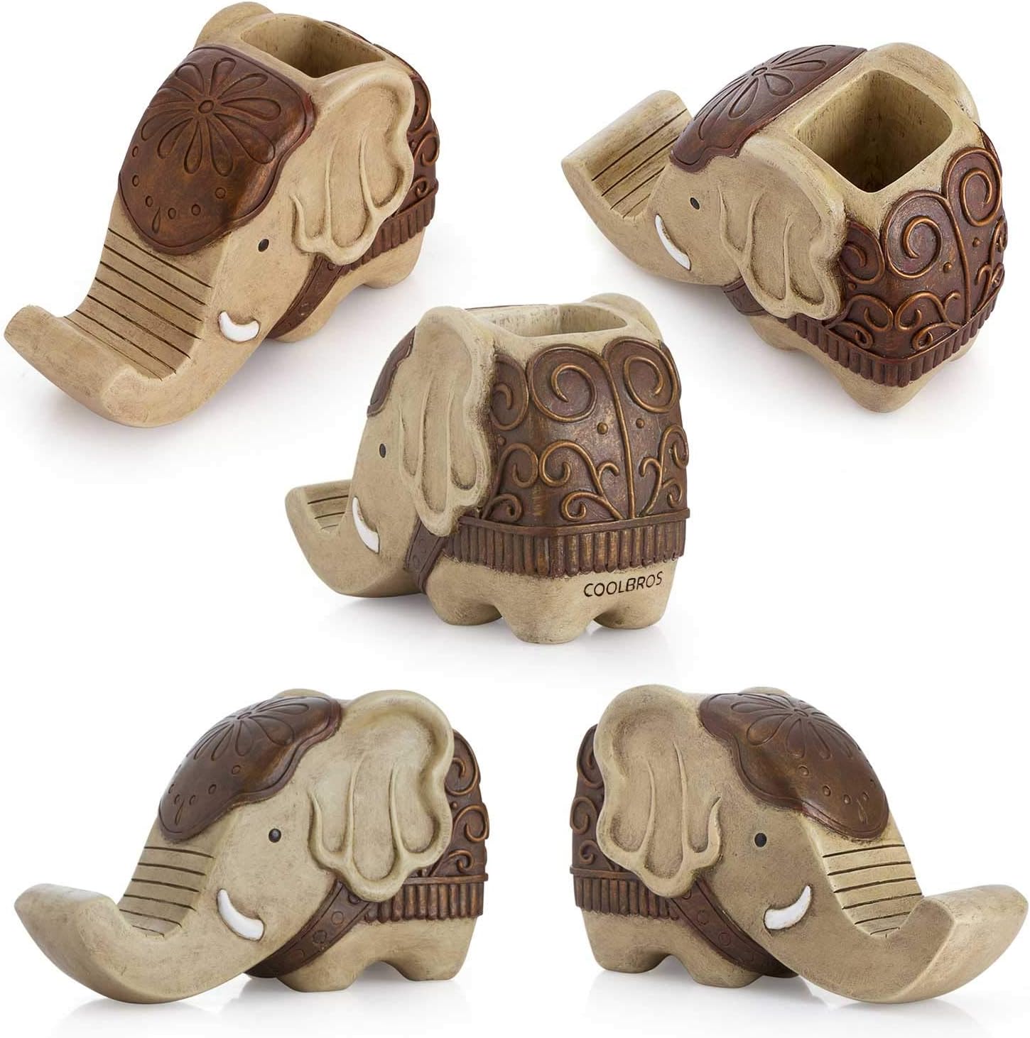 Pen Pencil Holder with Phone Stand, COOLBROS Resin elephant Shaped Pen Container Cell Phone Stand Carving Brush Scissor Holder Desk Organizer Decoration for Office Desk Home Decorative (Retro Brown)