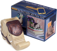 Pen Pencil Holder with Phone Stand, COOLBROS Resin elephant Shaped Pen Container Cell Phone Stand Carving Brush Scissor Holder Desk Organizer Decoration for Office Desk Home Decorative (Retro Brown)