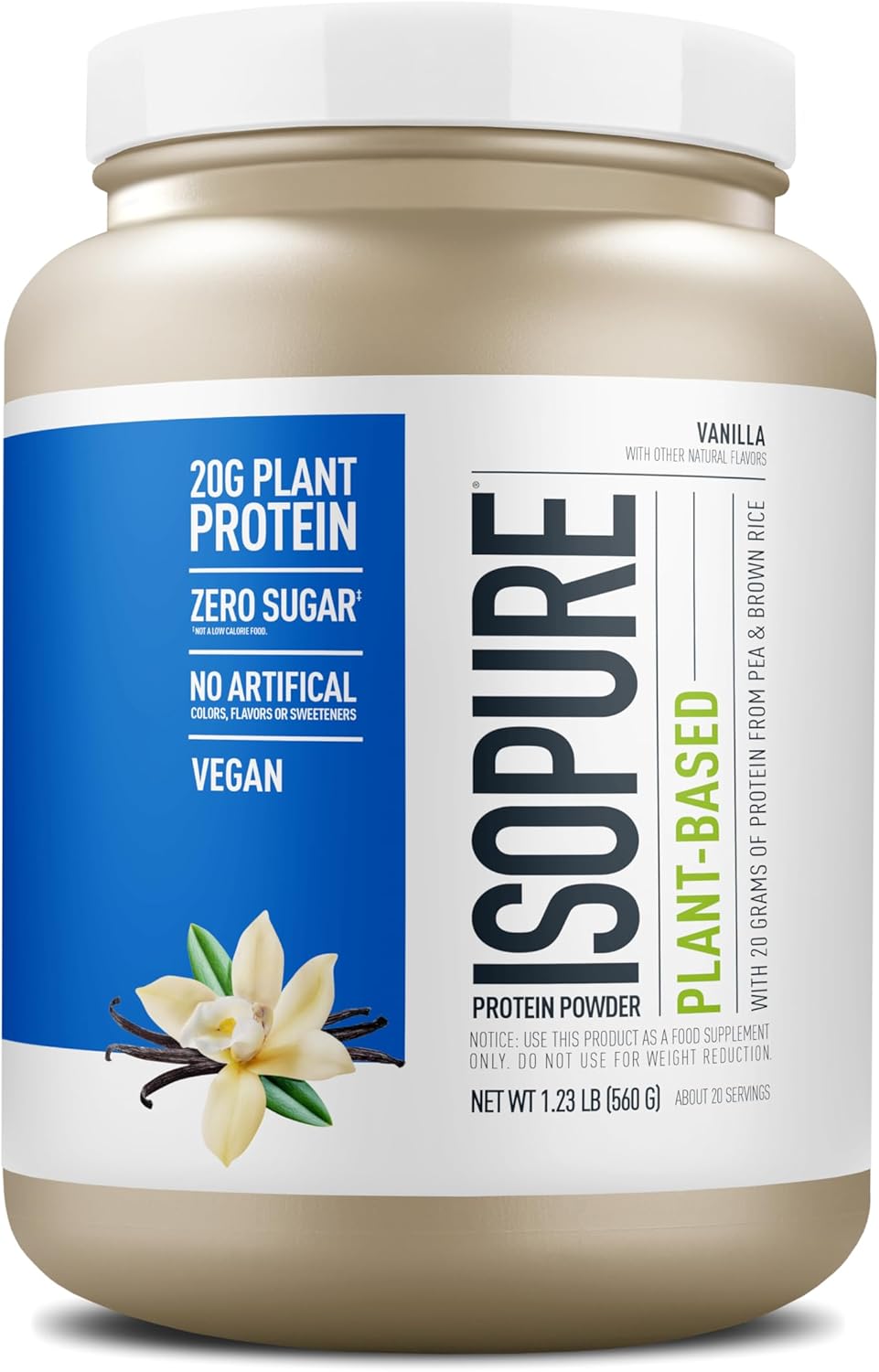 Isopure Plant-Based Protein Powder, Lactose Free, Gluten Free, With Iron, Vanilla, 20g Plant Protein Per Serving, 1.23 Lbs, 20 Servings Vanilla 20 Servings (Pack of 1)
