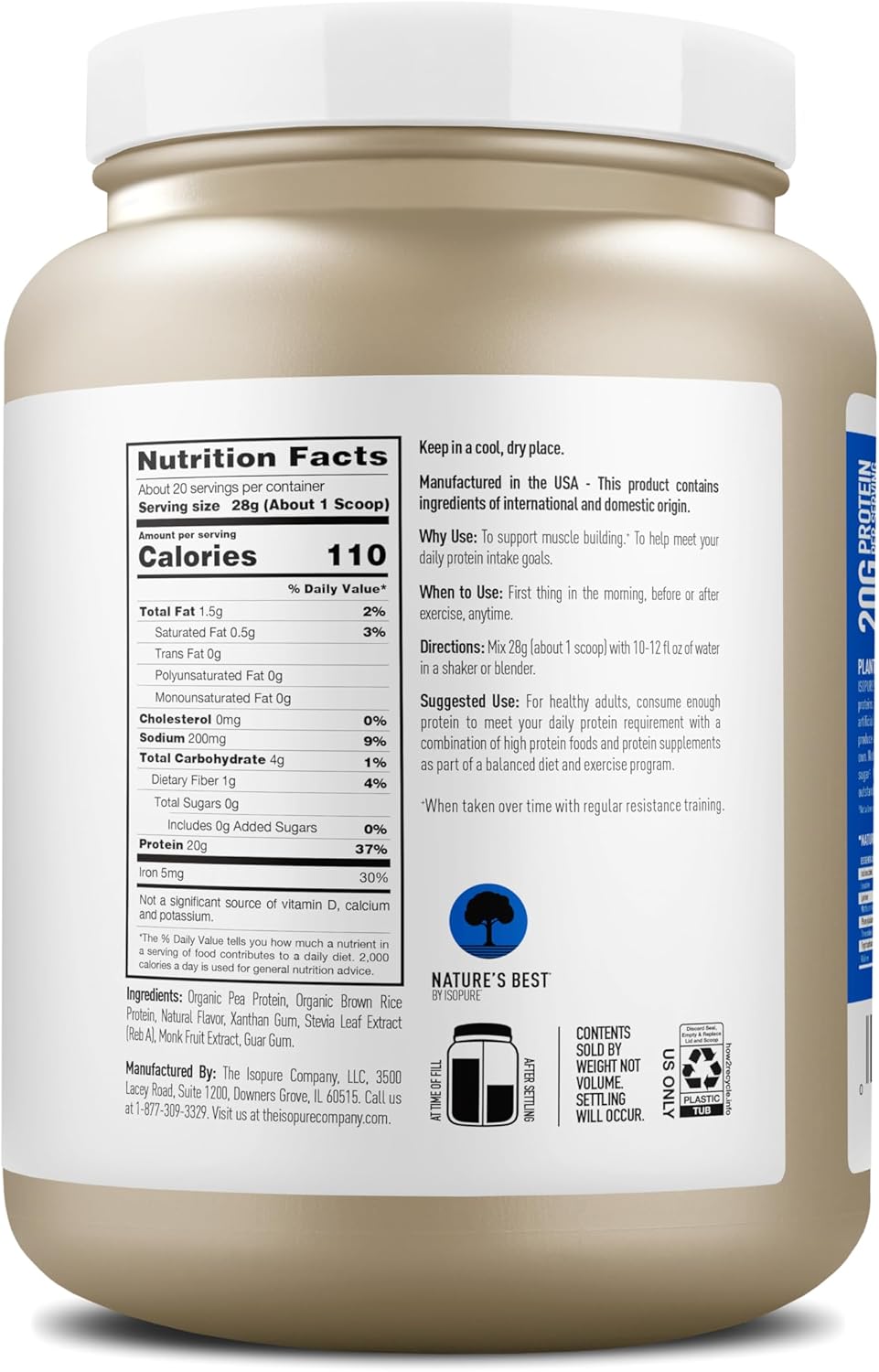 Isopure Plant-Based Protein Powder, Lactose Free, Gluten Free, With Iron, Vanilla, 20g Plant Protein Per Serving, 1.23 Lbs, 20 Servings Vanilla 20 Servings (Pack of 1)