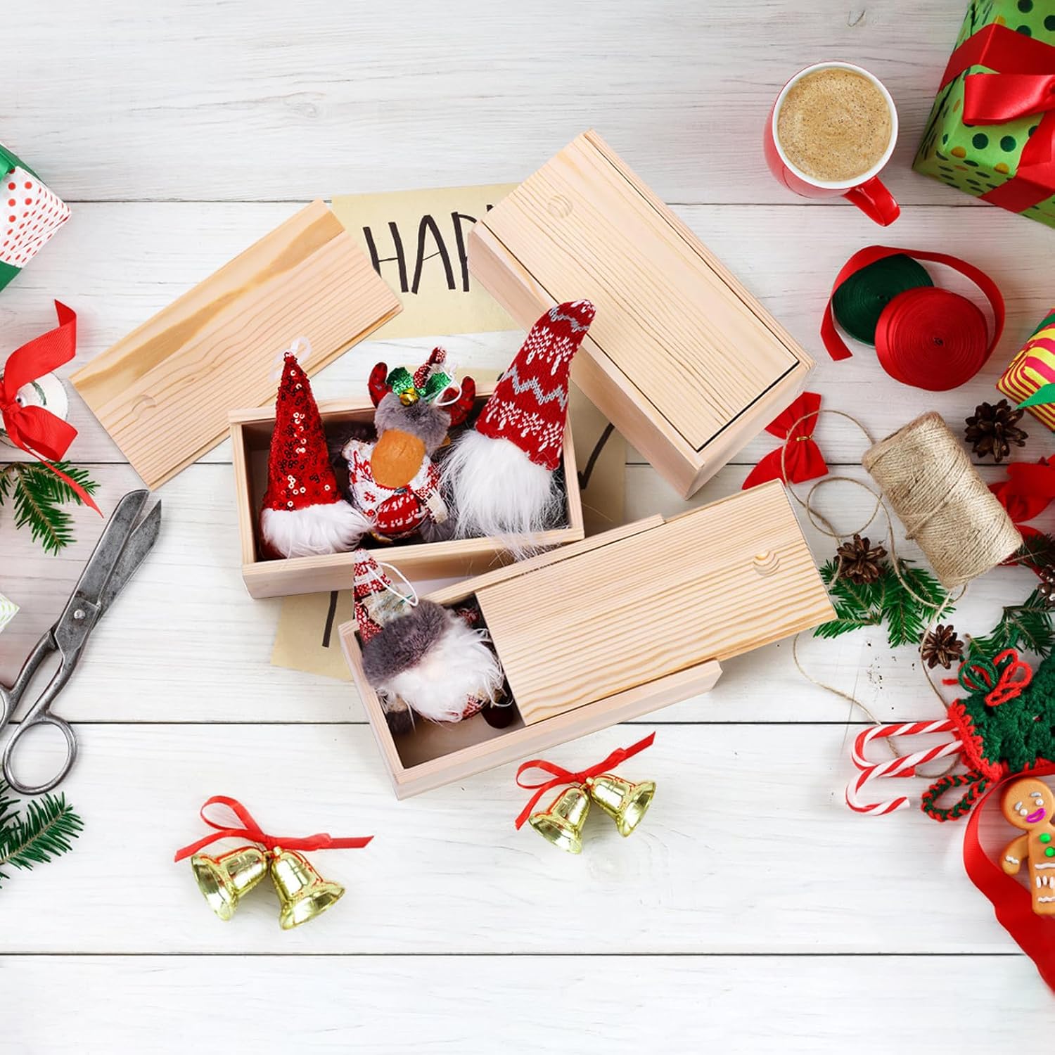 yarlung 4 Pack Unfinished Wood Storage Box with Slide Lid, Vintage Cards Container Small Gift Box for Art Hobbies, DIY Craft, Desktop Bead Organizer, Jewelry Storage