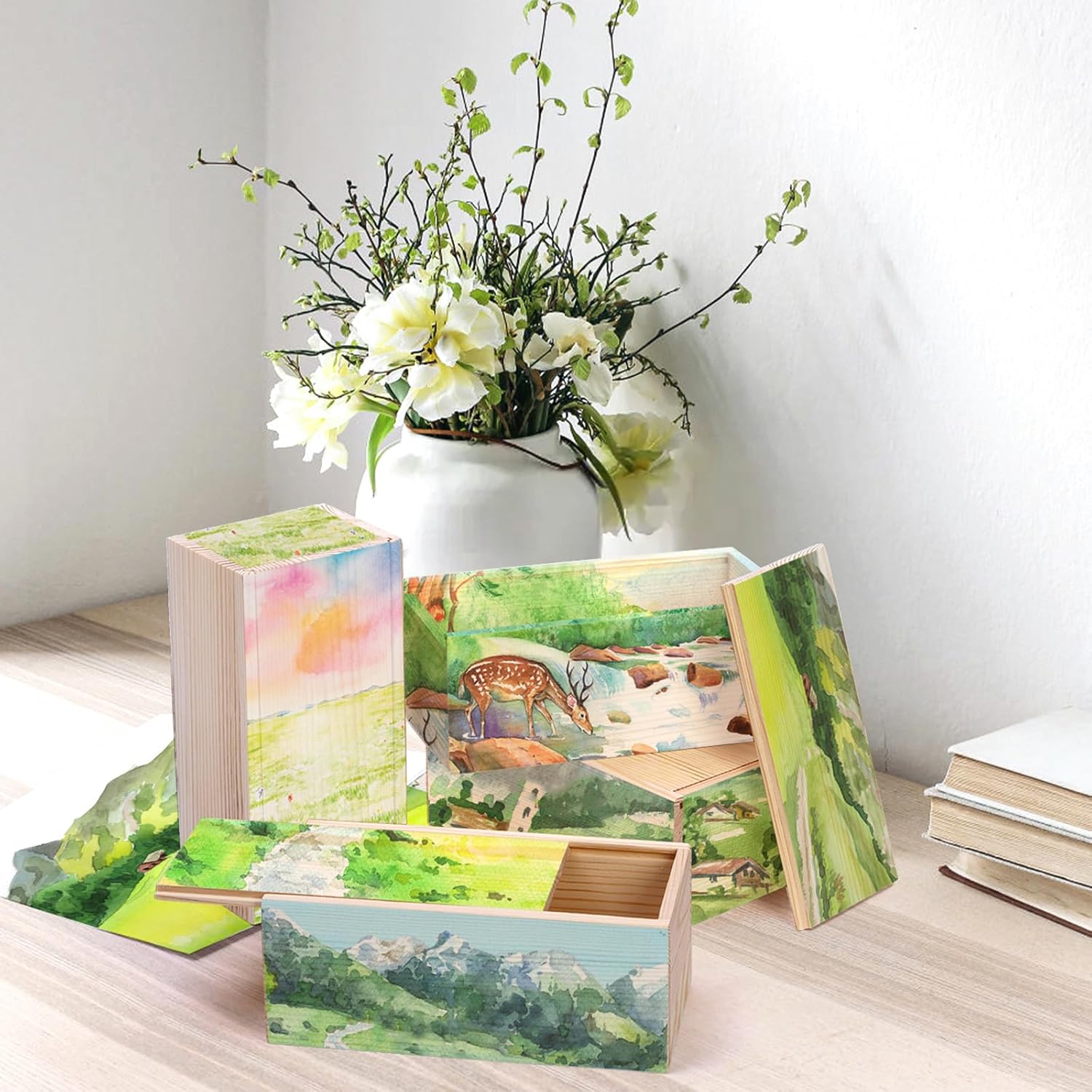 yarlung 4 Pack Unfinished Wood Storage Box with Slide Lid, Vintage Cards Container Small Gift Box for Art Hobbies, DIY Craft, Desktop Bead Organizer, Jewelry Storage